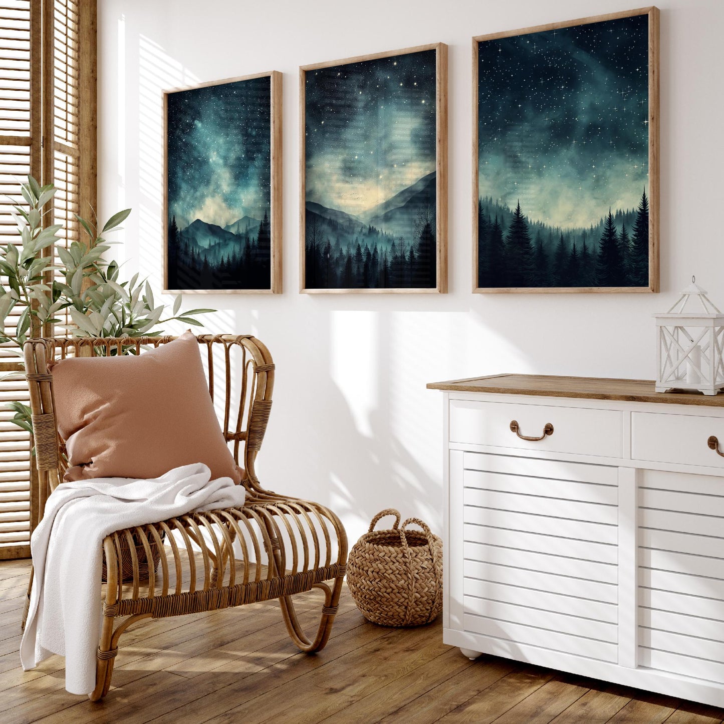 Set of Three Starry Night Art Prints - Teal Sky Misty Mountain Pine Forest Poster - Celestial Illustration Gift V3