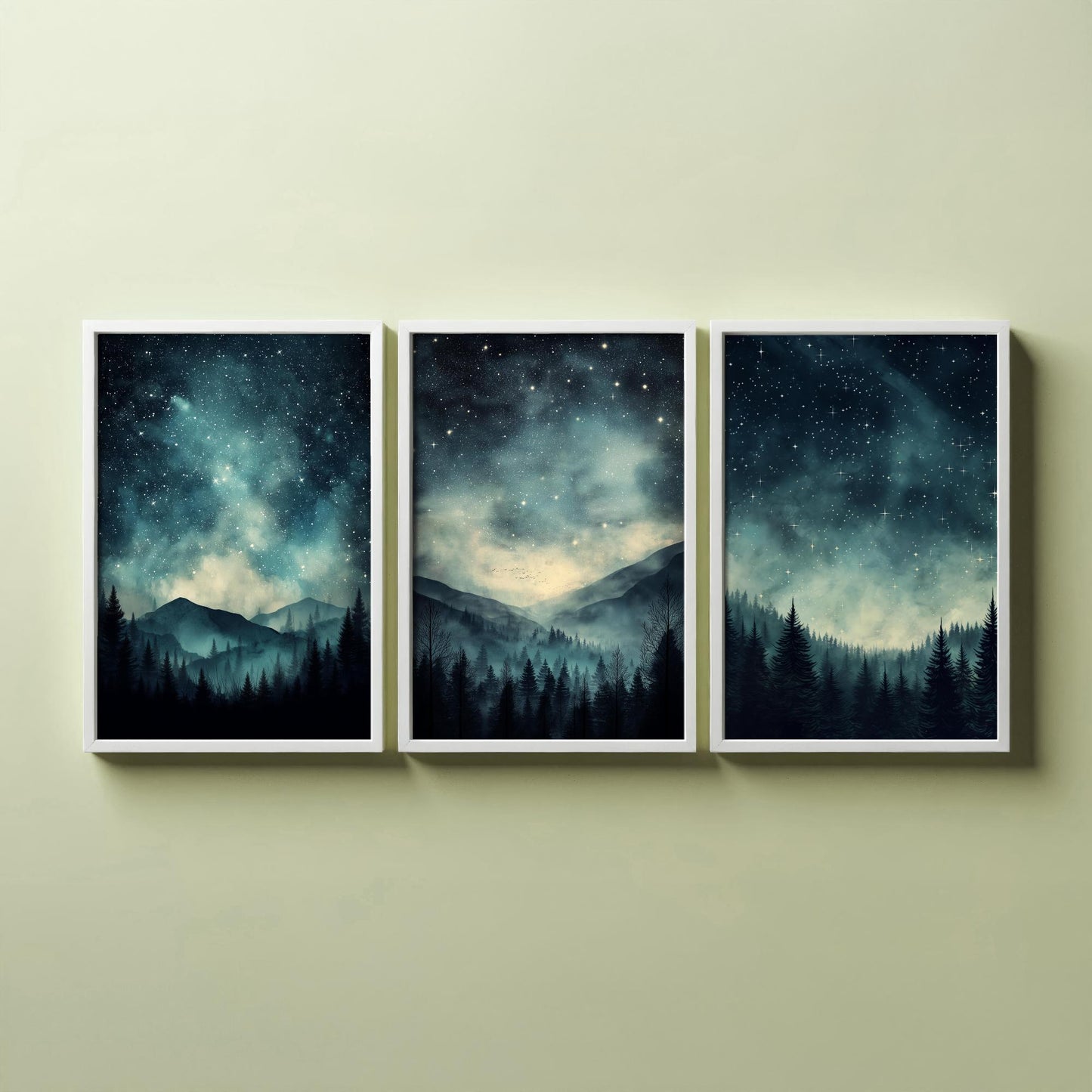 Set of Three Starry Night Art Prints - Teal Sky Misty Mountain Pine Forest Poster - Celestial Illustration Gift V3