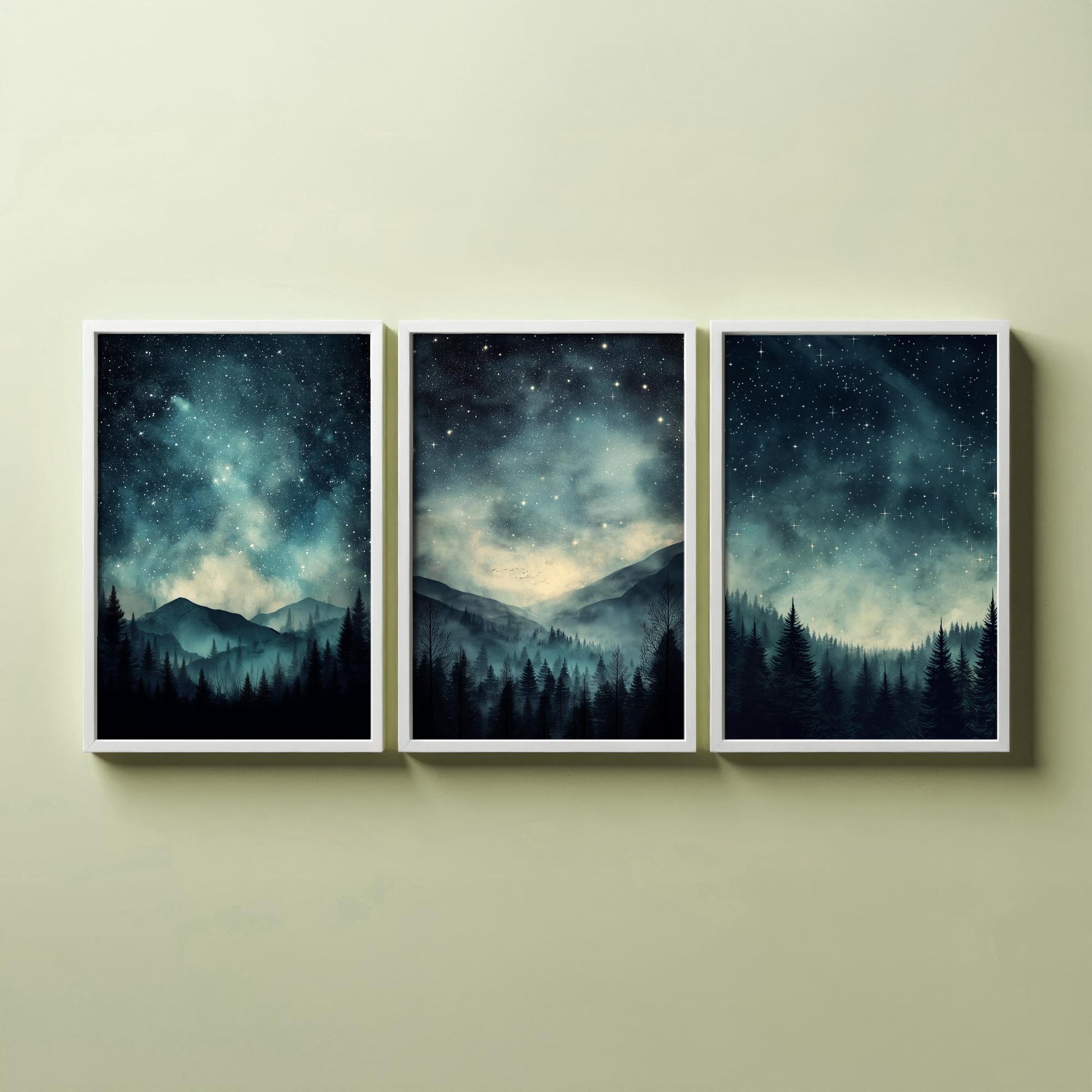 Set of Three Starry Night Art Prints - Teal Sky Misty Mountain Pine Forest Poster - Celestial Illustration Gift V3