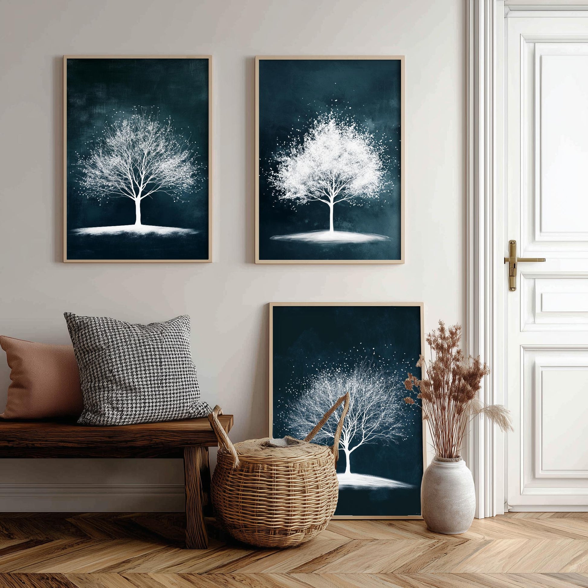 Set of Three Winter Tree Art Prints - White Trees Teal Night Sky Poster - Snowy Blossom Illustration Nature Gift V1
