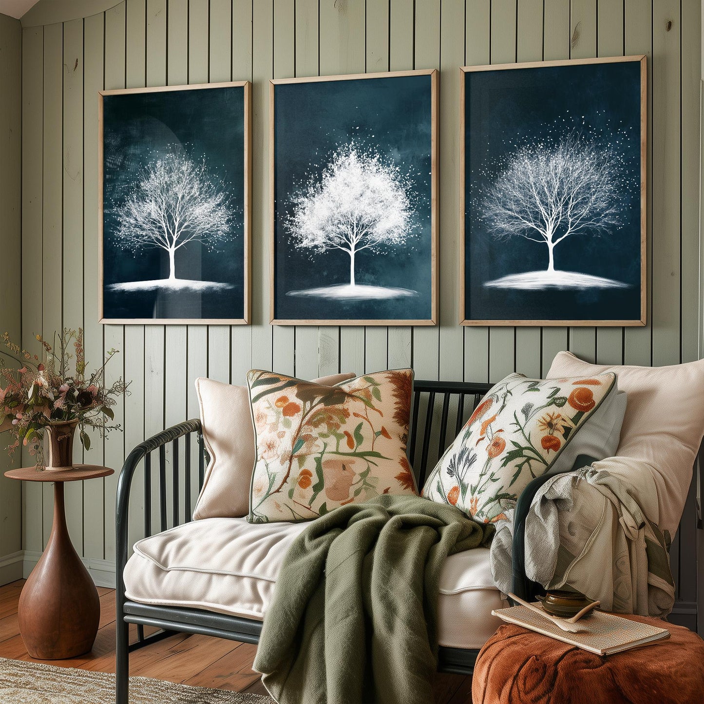 Set of Three Winter Tree Art Prints - White Trees Teal Night Sky Poster - Snowy Blossom Illustration Nature Gift V1