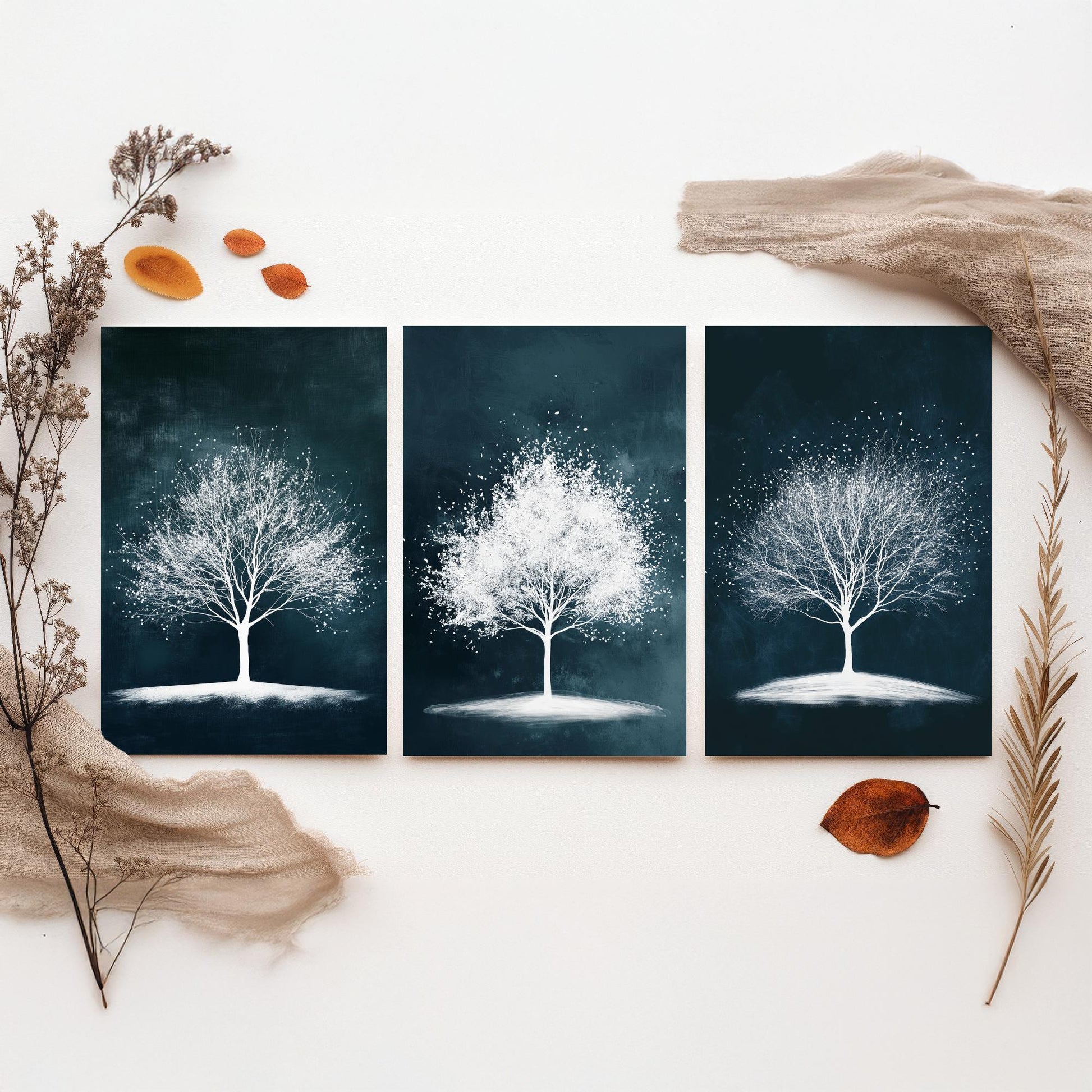 Set of Three Winter Tree Art Prints - White Trees Teal Night Sky Poster - Snowy Blossom Illustration Nature Gift V1