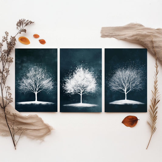 Set of Three Winter Tree Art Prints - White Trees Teal Night Sky Poster - Snowy Blossom Illustration Nature Gift V1