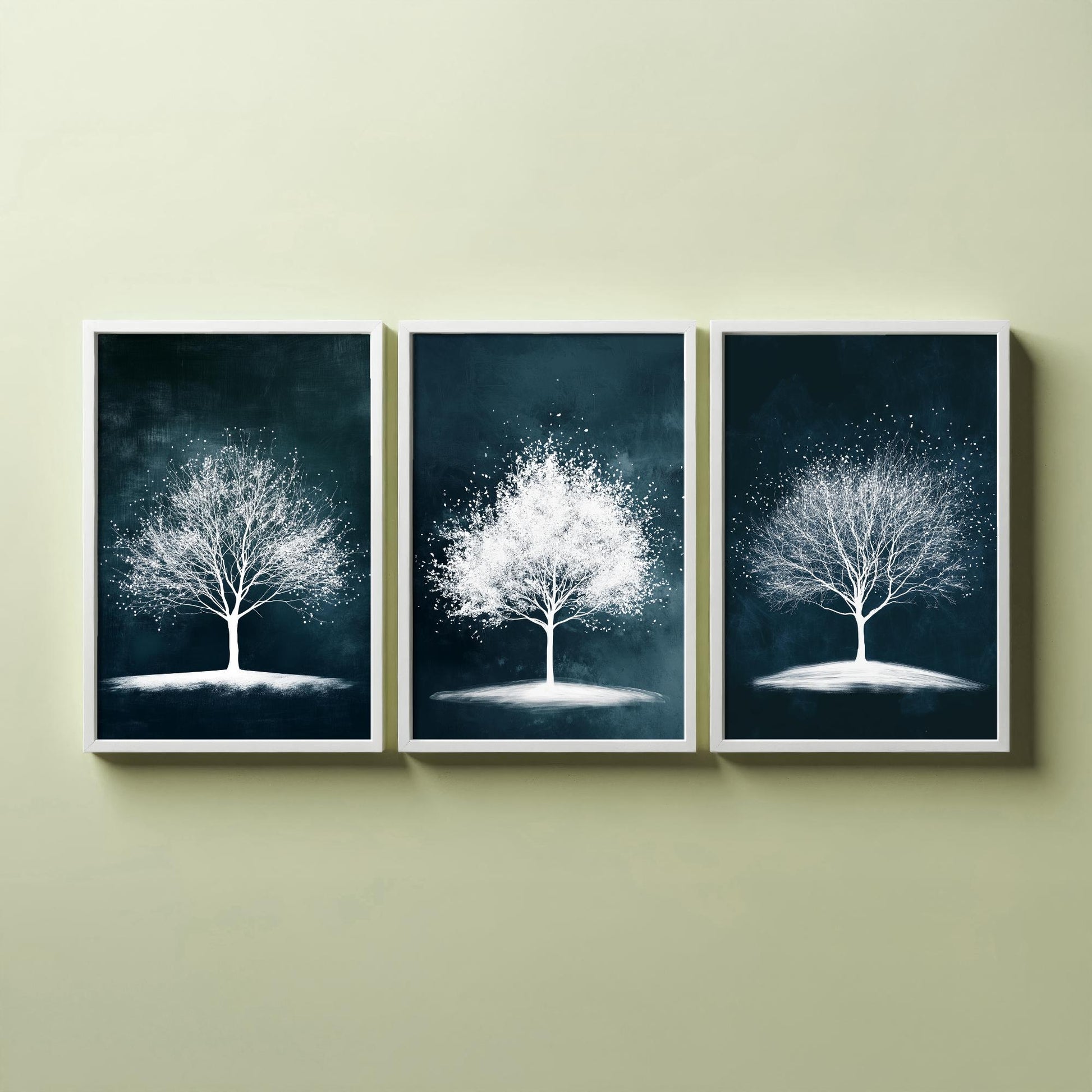 Set of Three Winter Tree Art Prints - White Trees Teal Night Sky Poster - Snowy Blossom Illustration Nature Gift V1