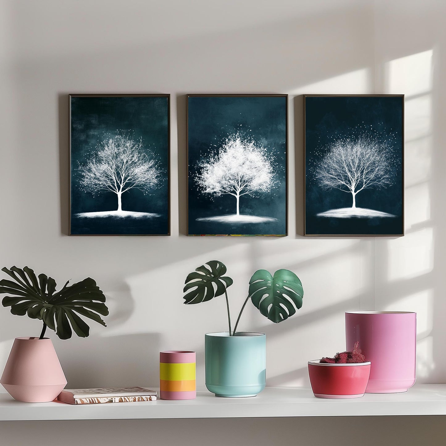 Set of Three Winter Tree Art Prints - White Trees Teal Night Sky Poster - Snowy Blossom Illustration Nature Gift V1