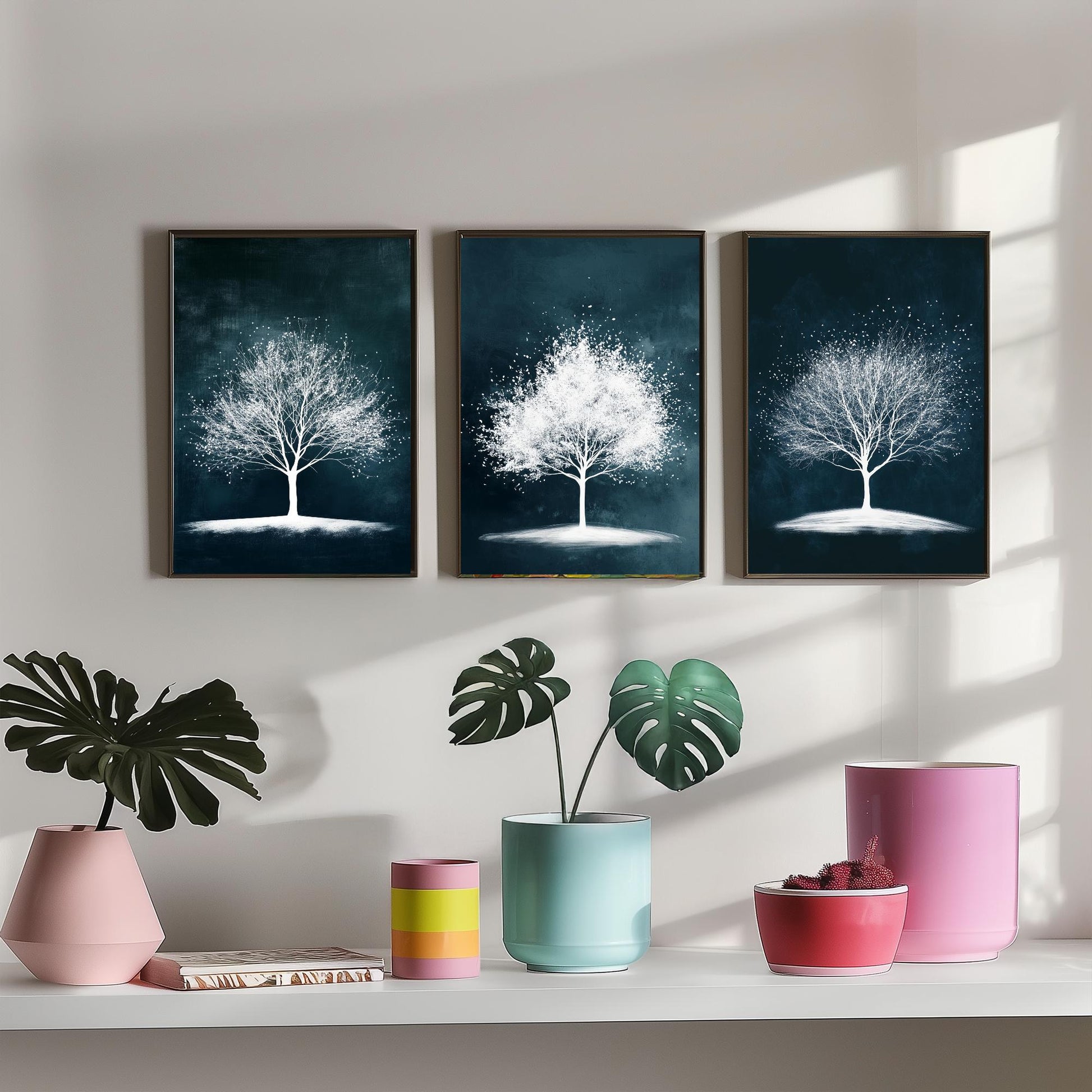 Set of Three Winter Tree Art Prints - White Trees Teal Night Sky Poster - Snowy Blossom Illustration Nature Gift V1