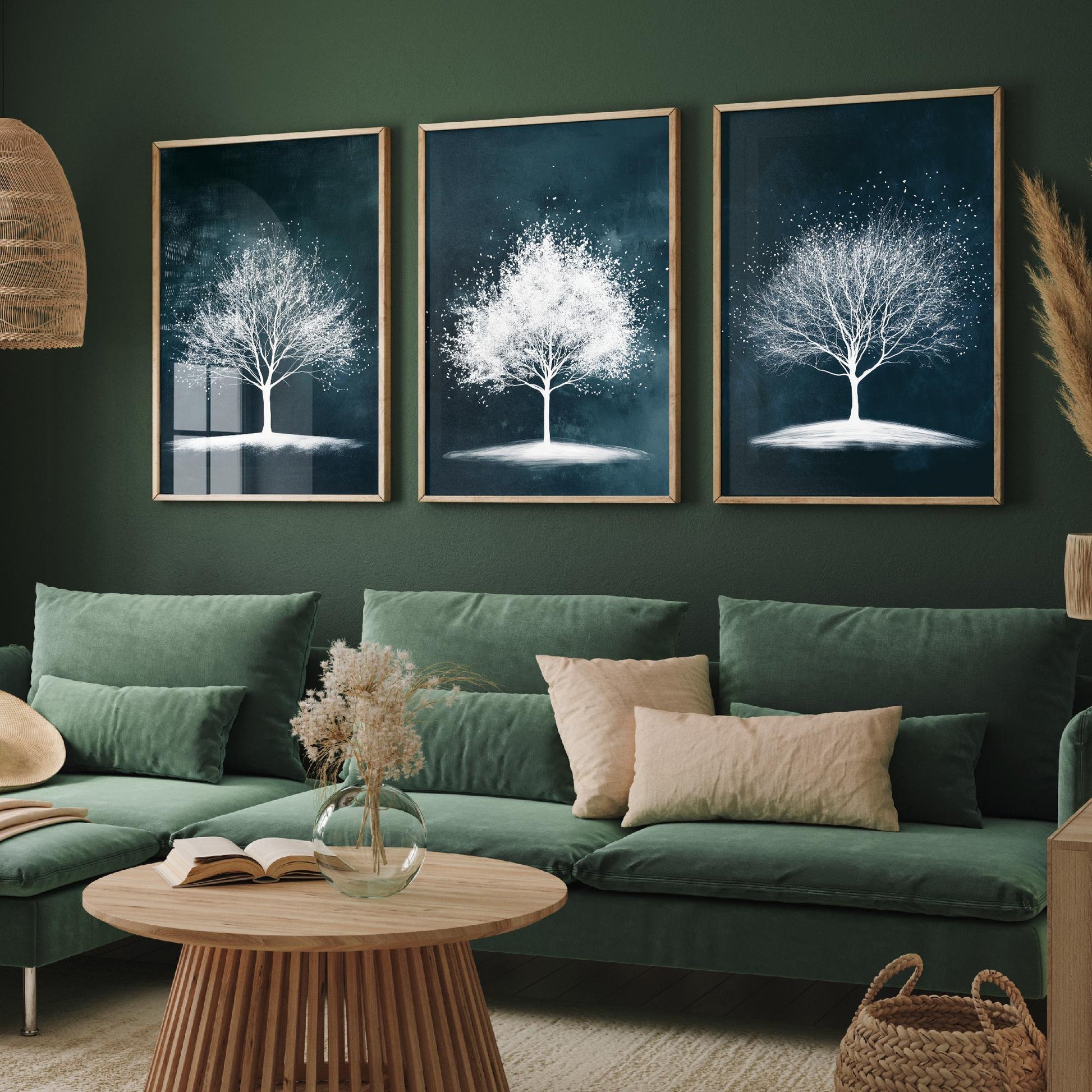 Set of Three Winter Tree Art Prints - White Trees Teal Night Sky Poster - Snowy Blossom Illustration Nature Gift V1