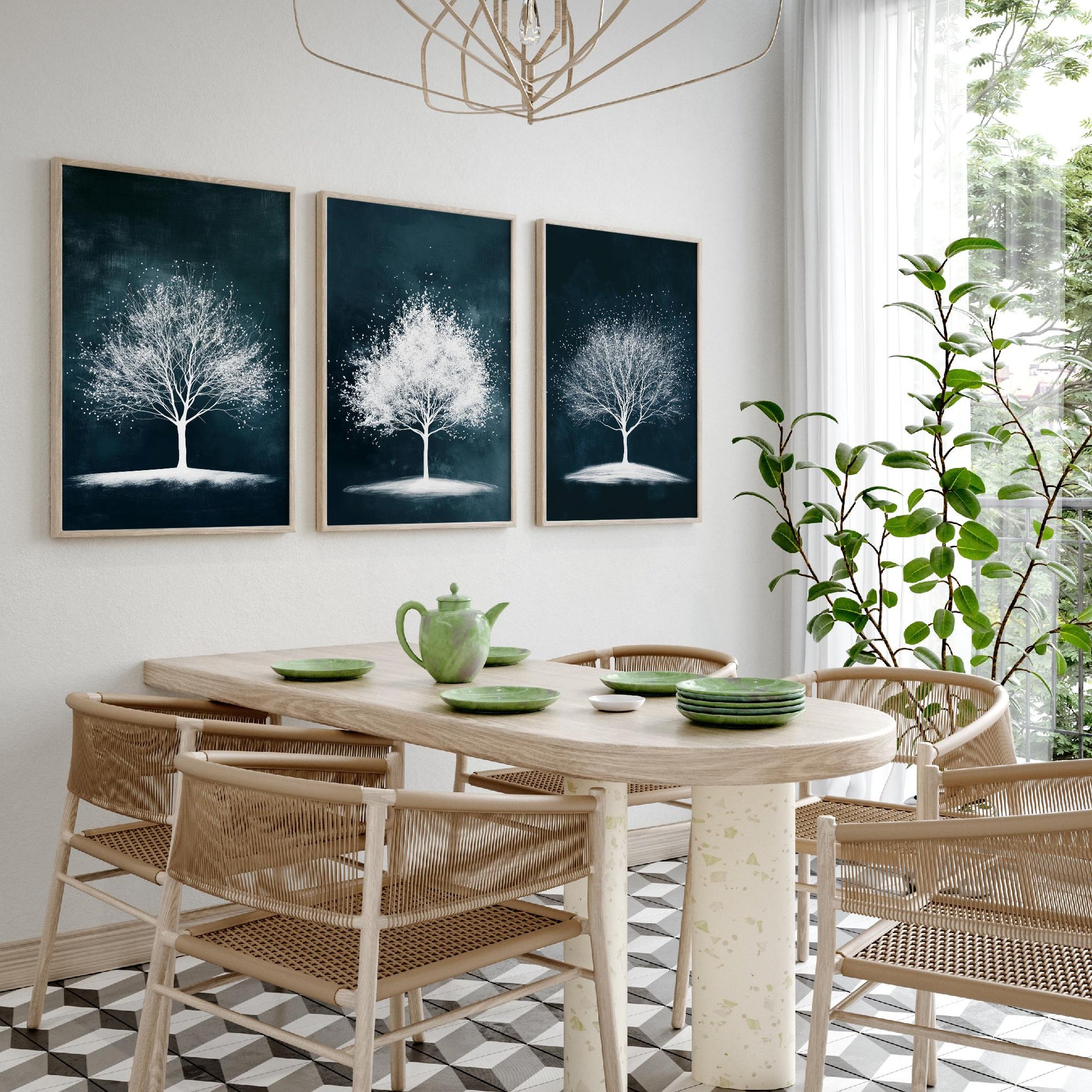 Set of Three Winter Tree Art Prints - White Trees Teal Night Sky Poster - Snowy Blossom Illustration Nature Gift V1