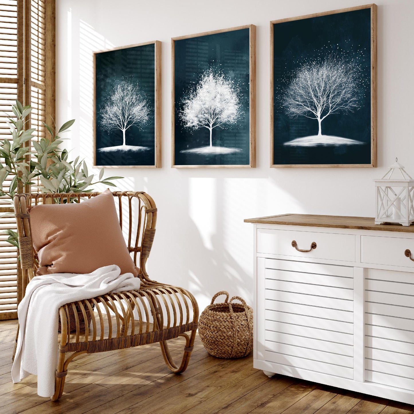 Set of Three Winter Tree Art Prints - White Trees Teal Night Sky Poster - Snowy Blossom Illustration Nature Gift V1