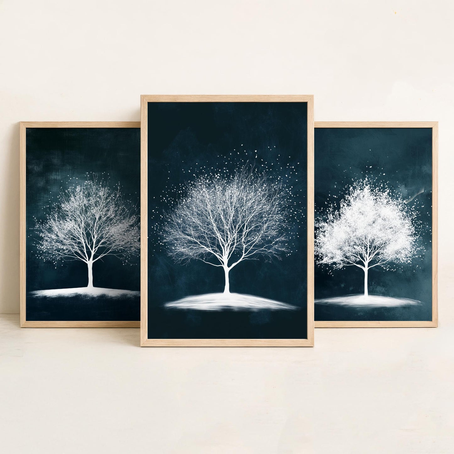 Set of Three Winter Tree Art Prints - White Trees Teal Night Sky Poster - Snowy Blossom Illustration Nature Gift V1