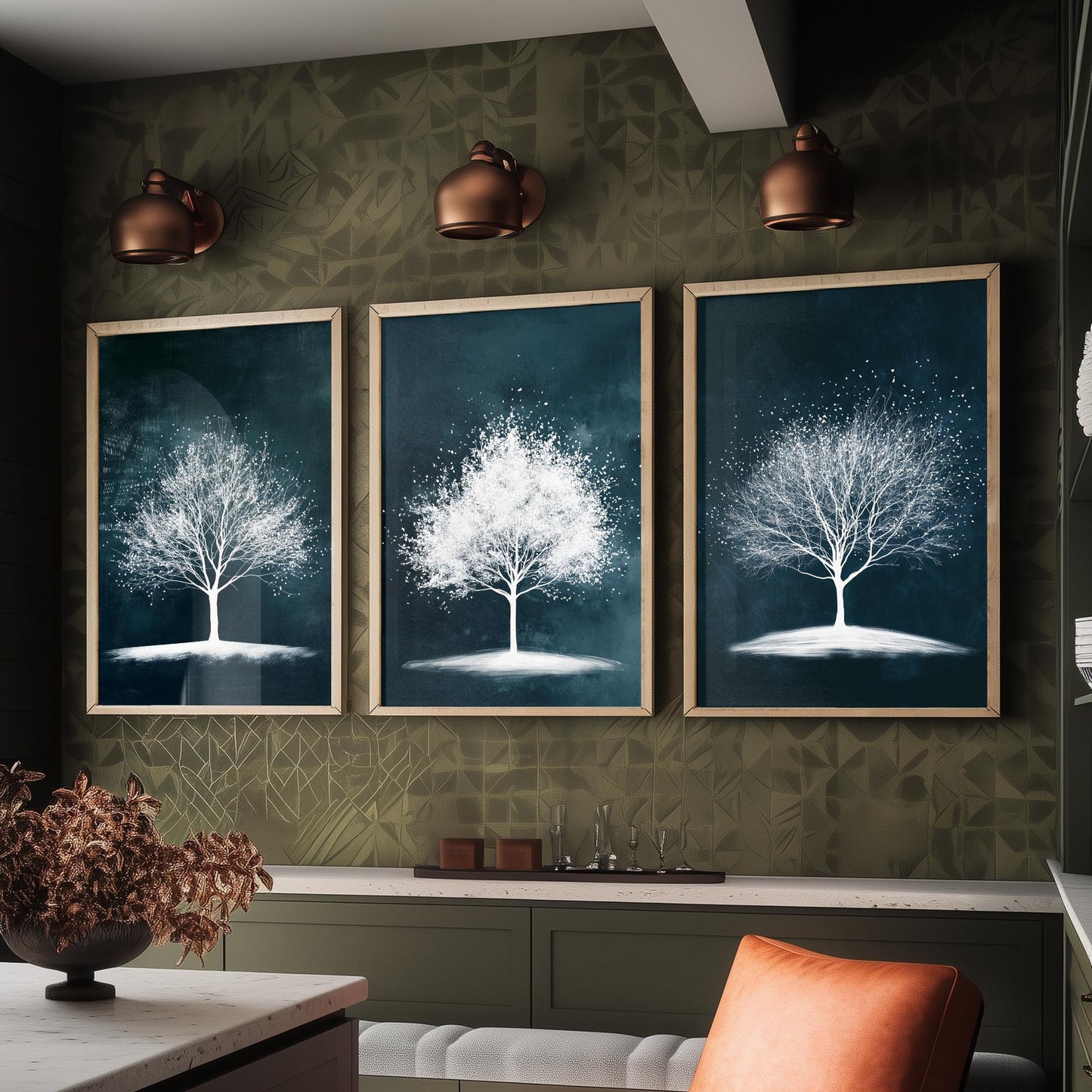 Set of Three Winter Tree Art Prints - White Trees Teal Night Sky Poster - Snowy Blossom Illustration Nature Gift V1
