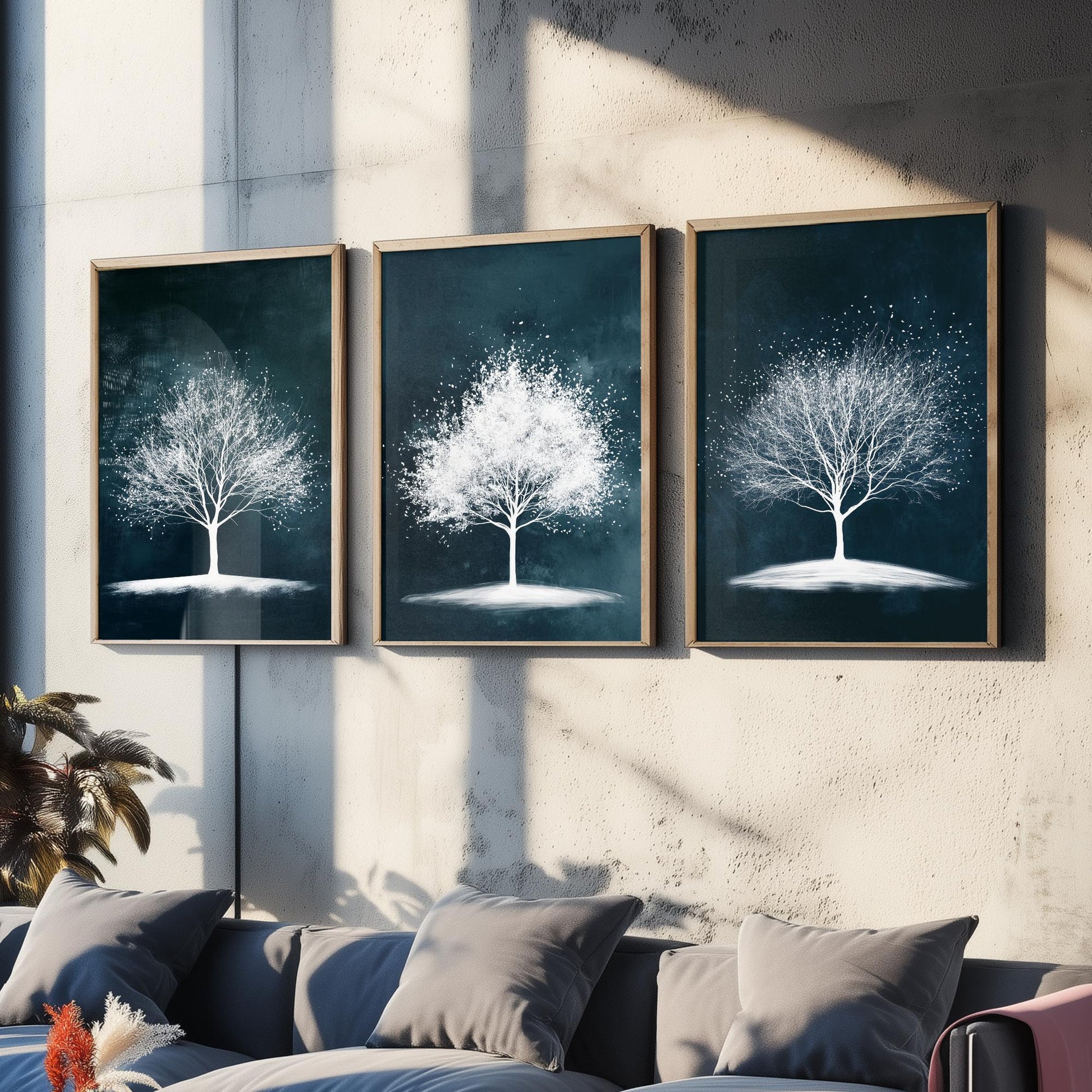 Set of Three Winter Tree Art Prints - White Trees Teal Night Sky Poster - Snowy Blossom Illustration Nature Gift V1