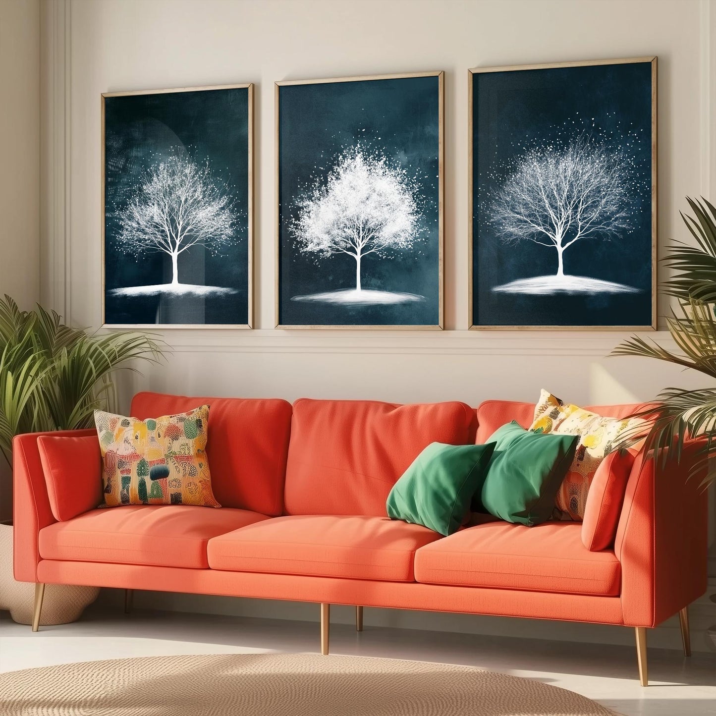 Set of Three Winter Tree Art Prints - White Trees Teal Night Sky Poster - Snowy Blossom Illustration Nature Gift V1
