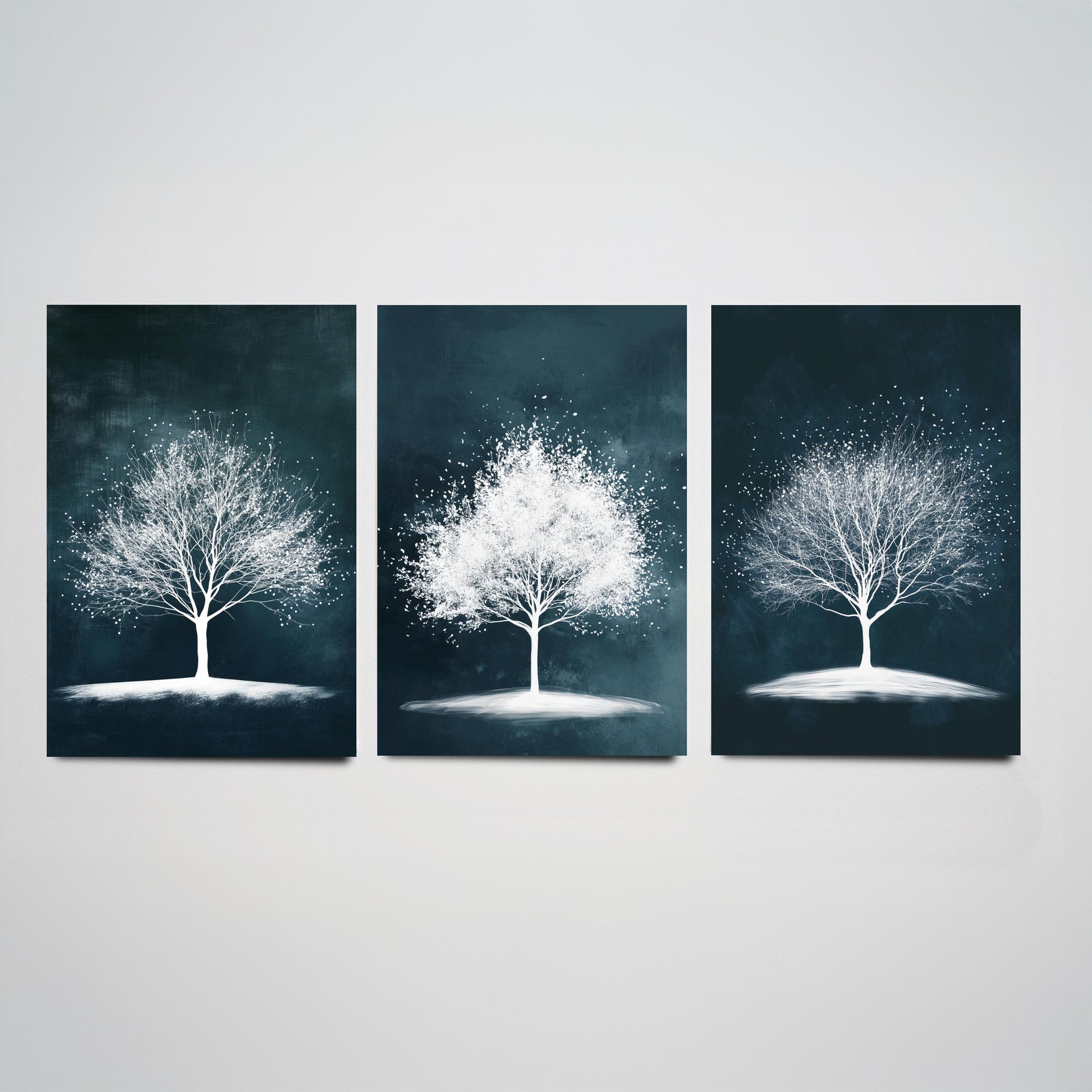 Set of Three Winter Tree Art Prints - White Trees Teal Night Sky Poster - Snowy Blossom Illustration Nature Gift V1