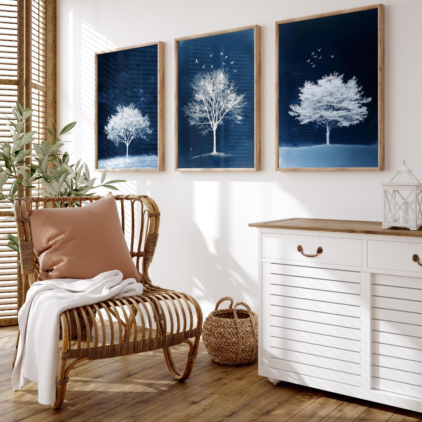 Set of Three Frosted Tree Art Prints - White Winter Trees Birds Blue Night Poster - Snowy Illustration Nature Gift V2