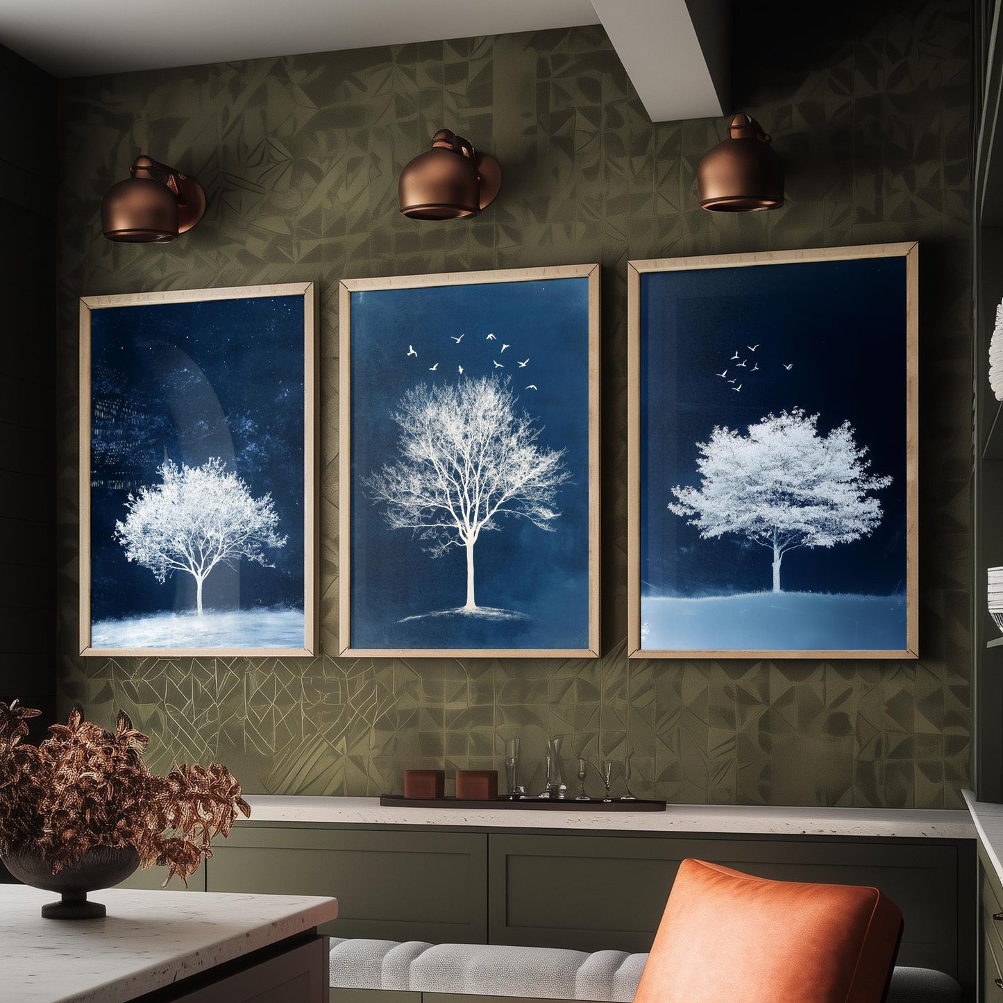 Set of Three Frosted Tree Art Prints - White Winter Trees Birds Blue Night Poster - Snowy Illustration Nature Gift V2