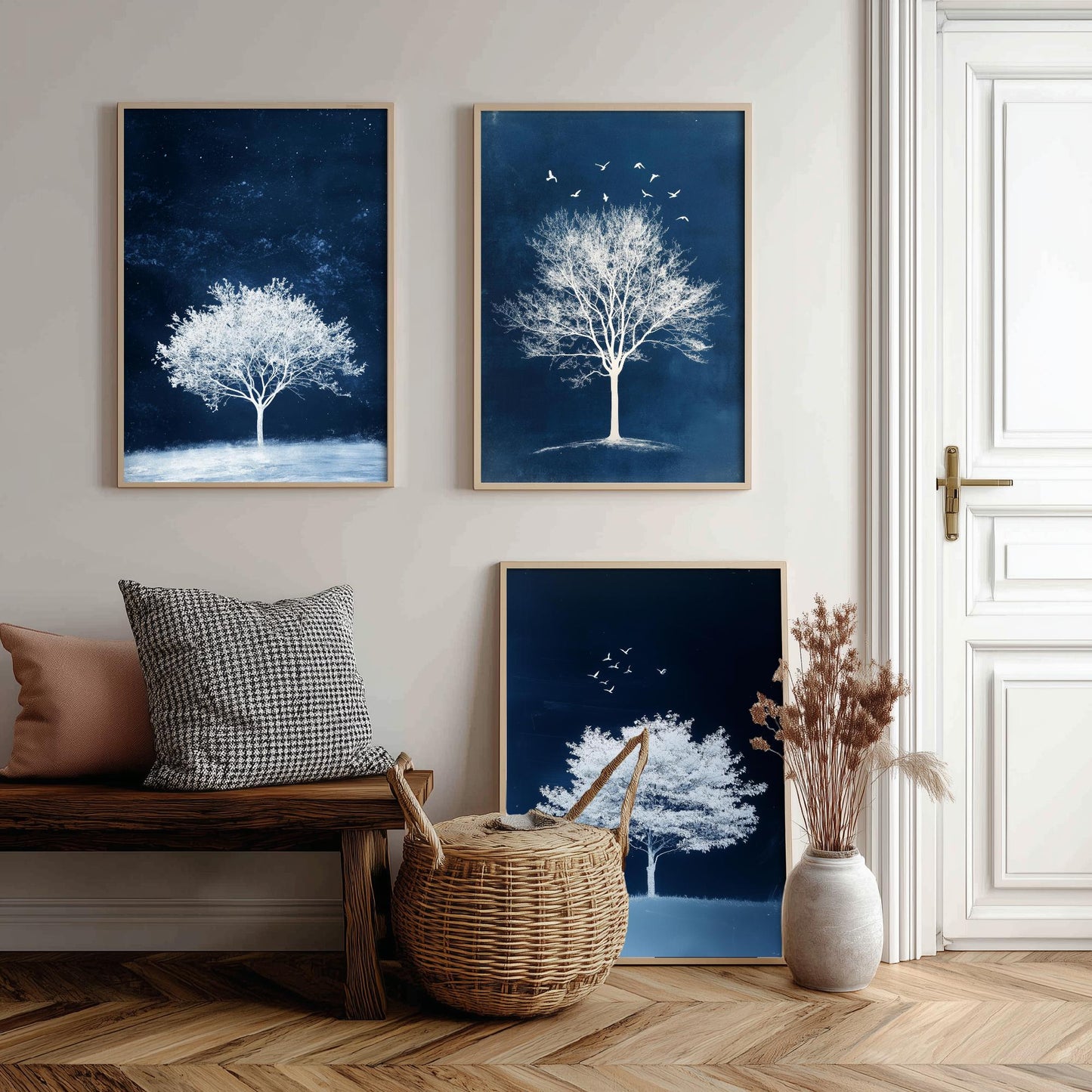 Set of Three Frosted Tree Art Prints - White Winter Trees Birds Blue Night Poster - Snowy Illustration Nature Gift V2