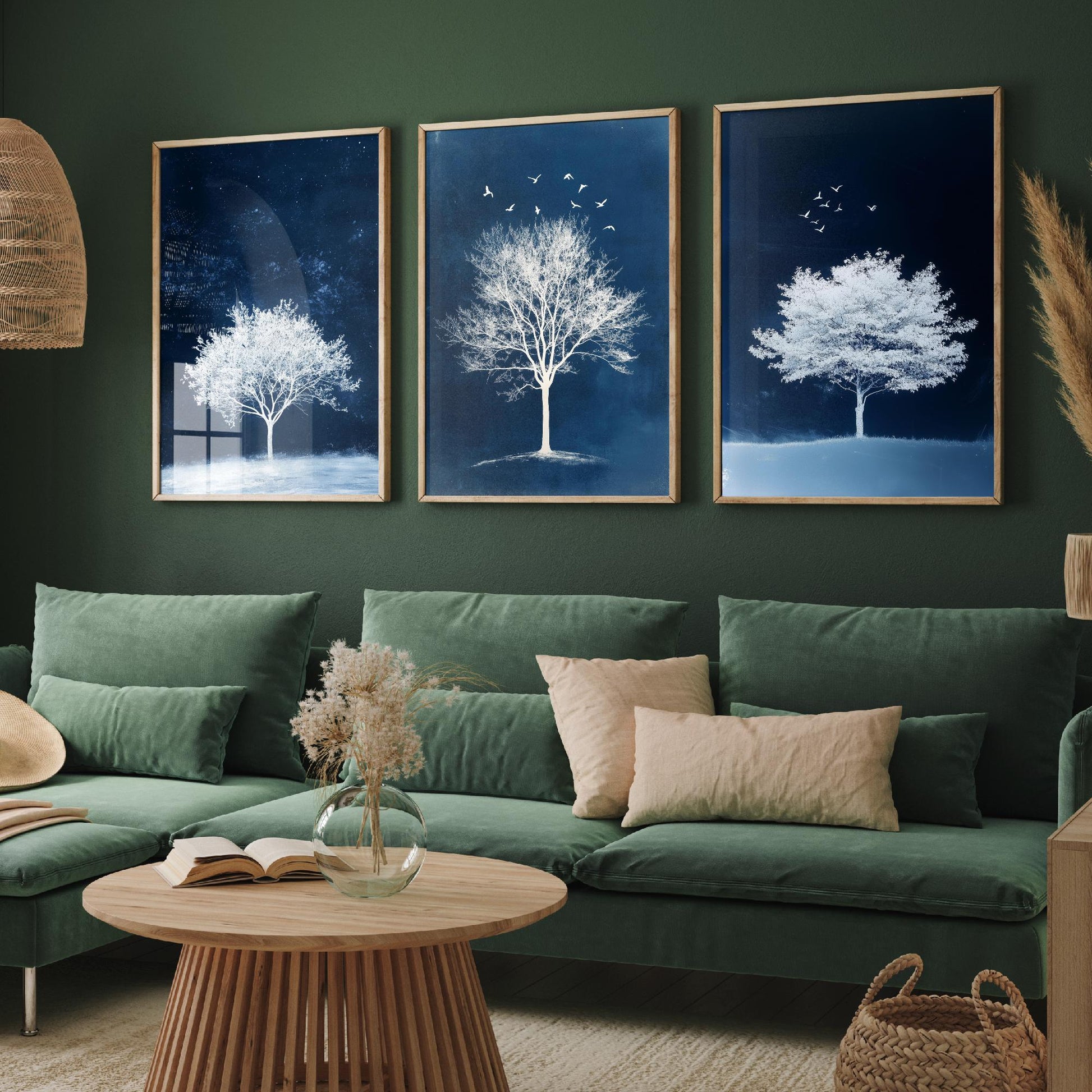 Set of Three Frosted Tree Art Prints - White Winter Trees Birds Blue Night Poster - Snowy Illustration Nature Gift V2