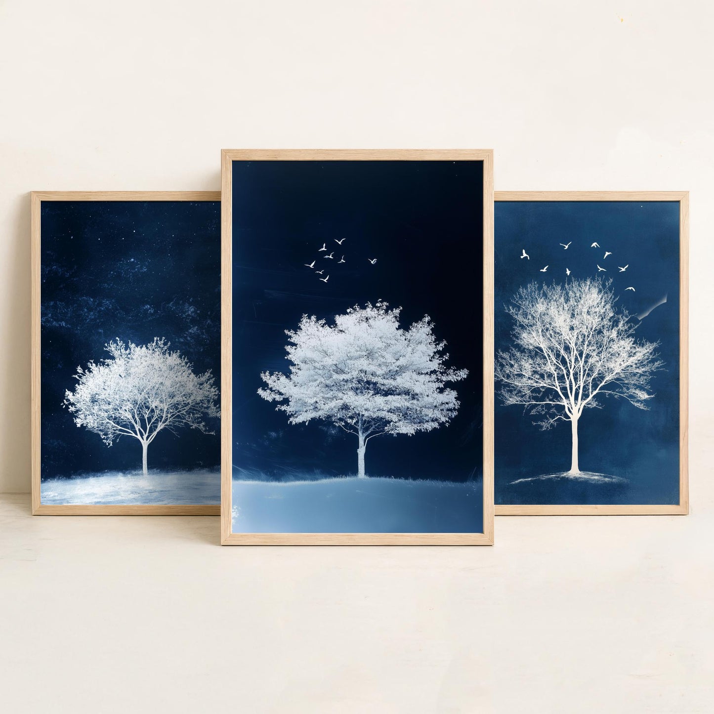Set of Three Frosted Tree Art Prints - White Winter Trees Birds Blue Night Poster - Snowy Illustration Nature Gift V2