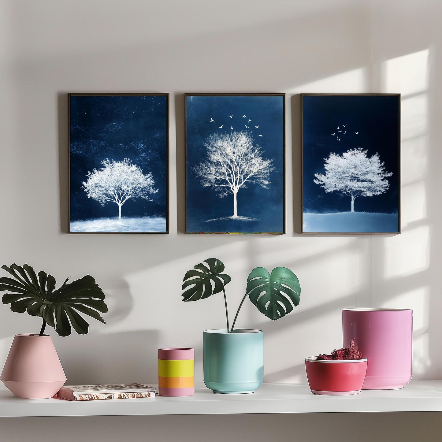 Set of Three Frosted Tree Art Prints - White Winter Trees Birds Blue Night Poster - Snowy Illustration Nature Gift V2