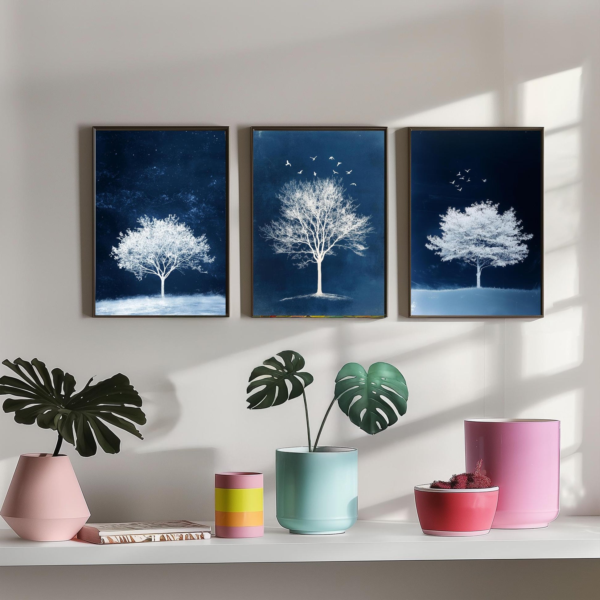Set of Three Frosted Tree Art Prints - White Winter Trees Birds Blue Night Poster - Snowy Illustration Nature Gift V2