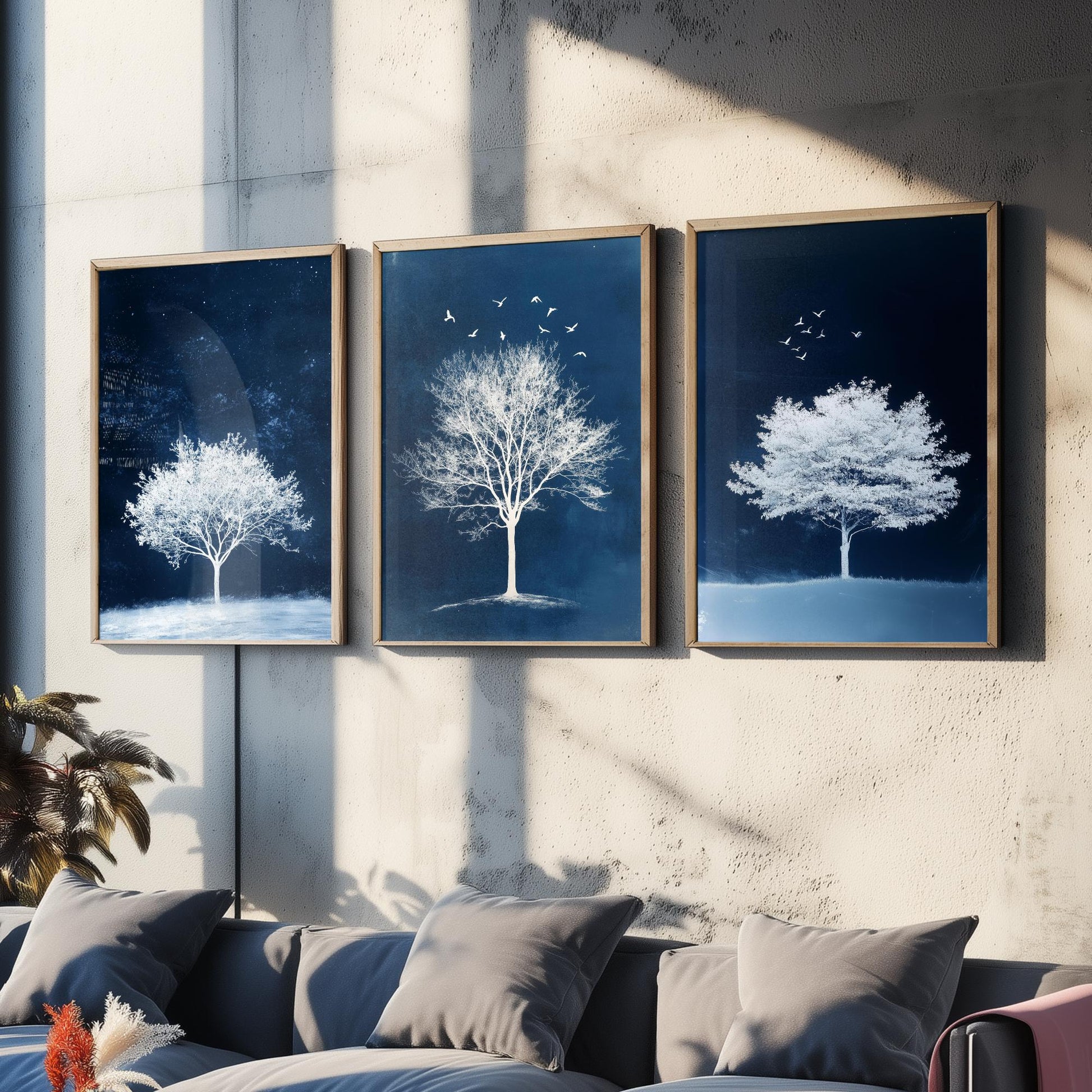 Set of Three Frosted Tree Art Prints - White Winter Trees Birds Blue Night Poster - Snowy Illustration Nature Gift V2