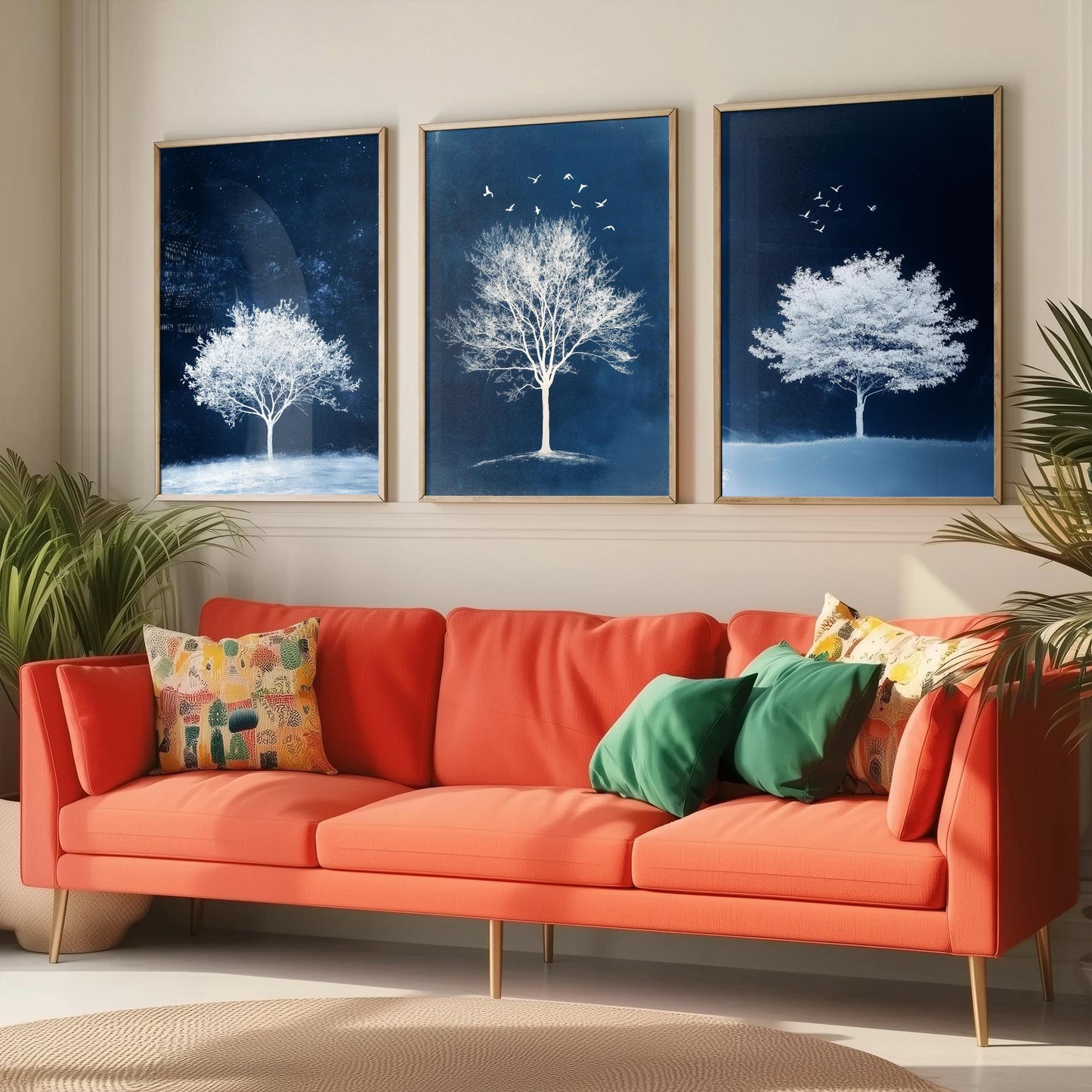Set of Three Frosted Tree Art Prints - White Winter Trees Birds Blue Night Poster - Snowy Illustration Nature Gift V2