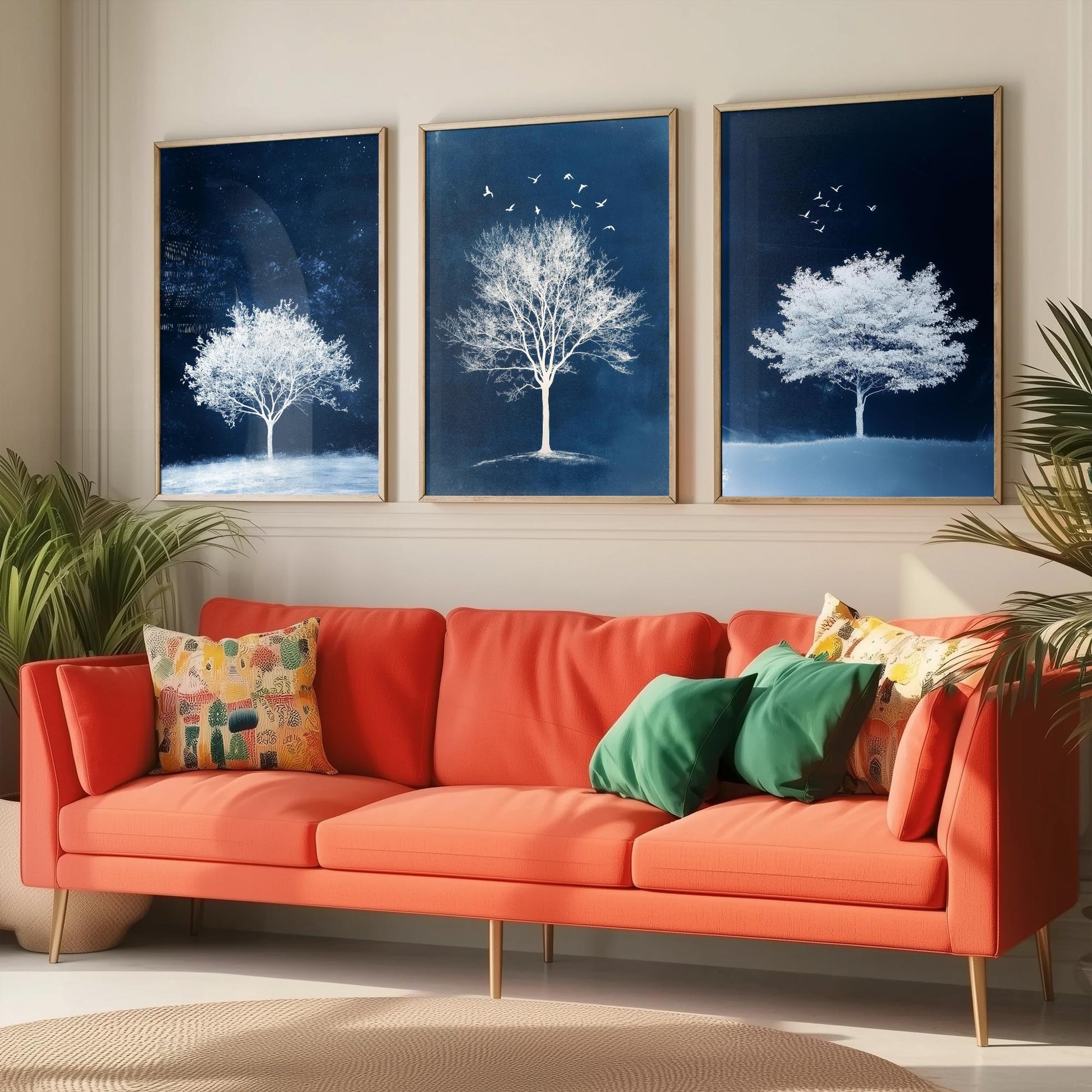 Set of Three Frosted Tree Art Prints - White Winter Trees Birds Blue Night Poster - Snowy Illustration Nature Gift V2