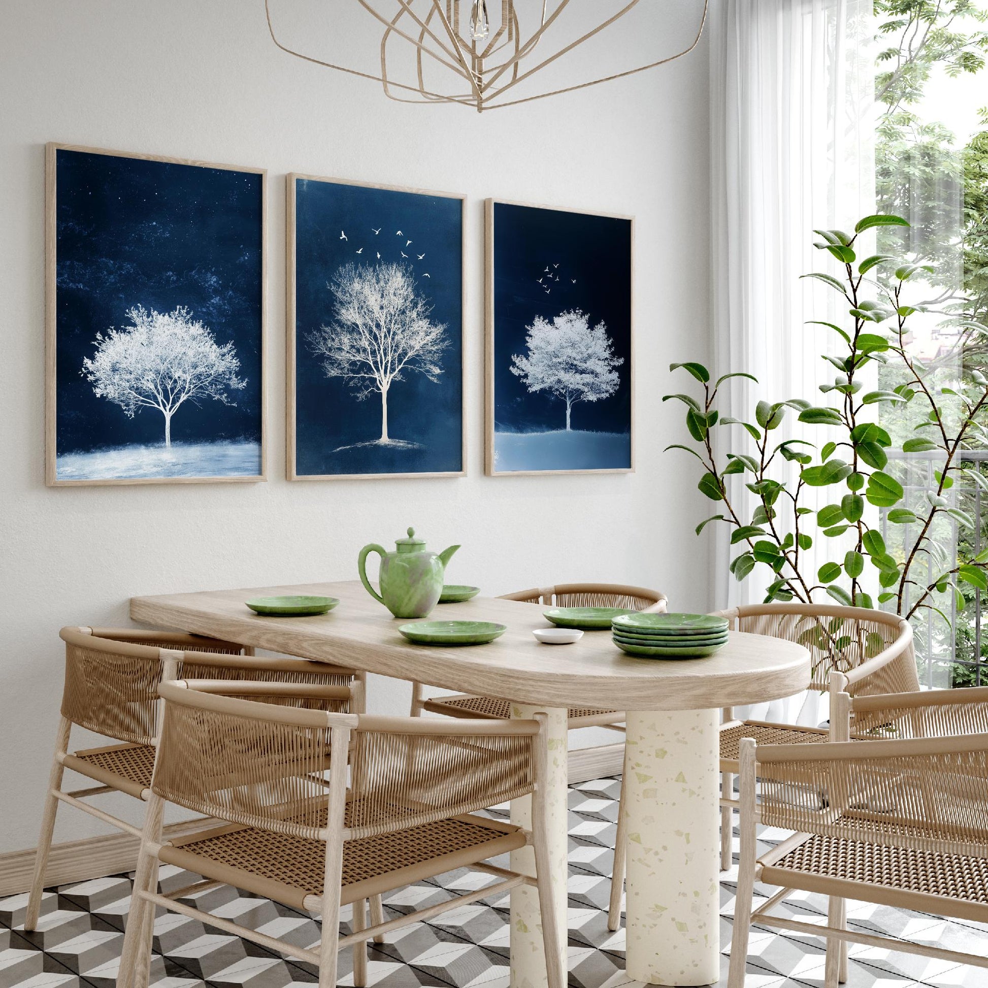 Set of Three Frosted Tree Art Prints - White Winter Trees Birds Blue Night Poster - Snowy Illustration Nature Gift V2