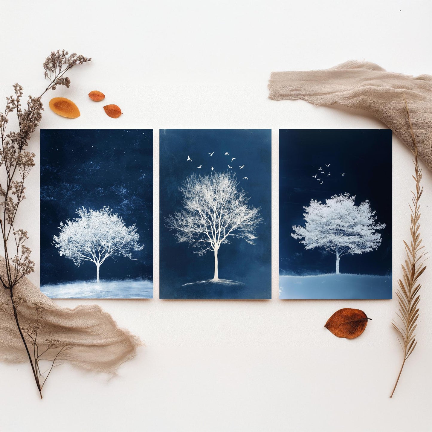 Set of Three Frosted Tree Art Prints - White Winter Trees Birds Blue Night Poster - Snowy Illustration Nature Gift V2