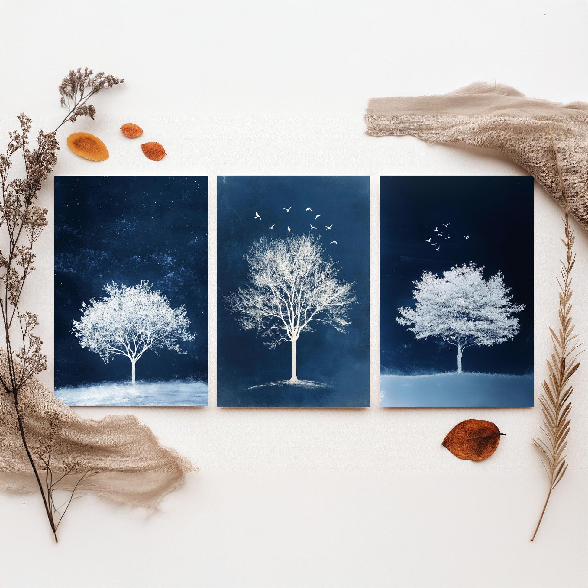 Set of Three Frosted Tree Art Prints - White Winter Trees Birds Blue Night Poster - Snowy Illustration Nature Gift V2