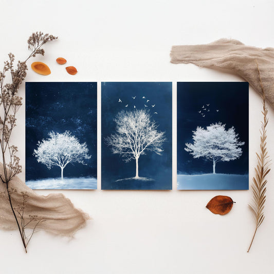 Set of Three Frosted Tree Art Prints - White Winter Trees Birds Blue Night Poster - Snowy Illustration Nature Gift V2