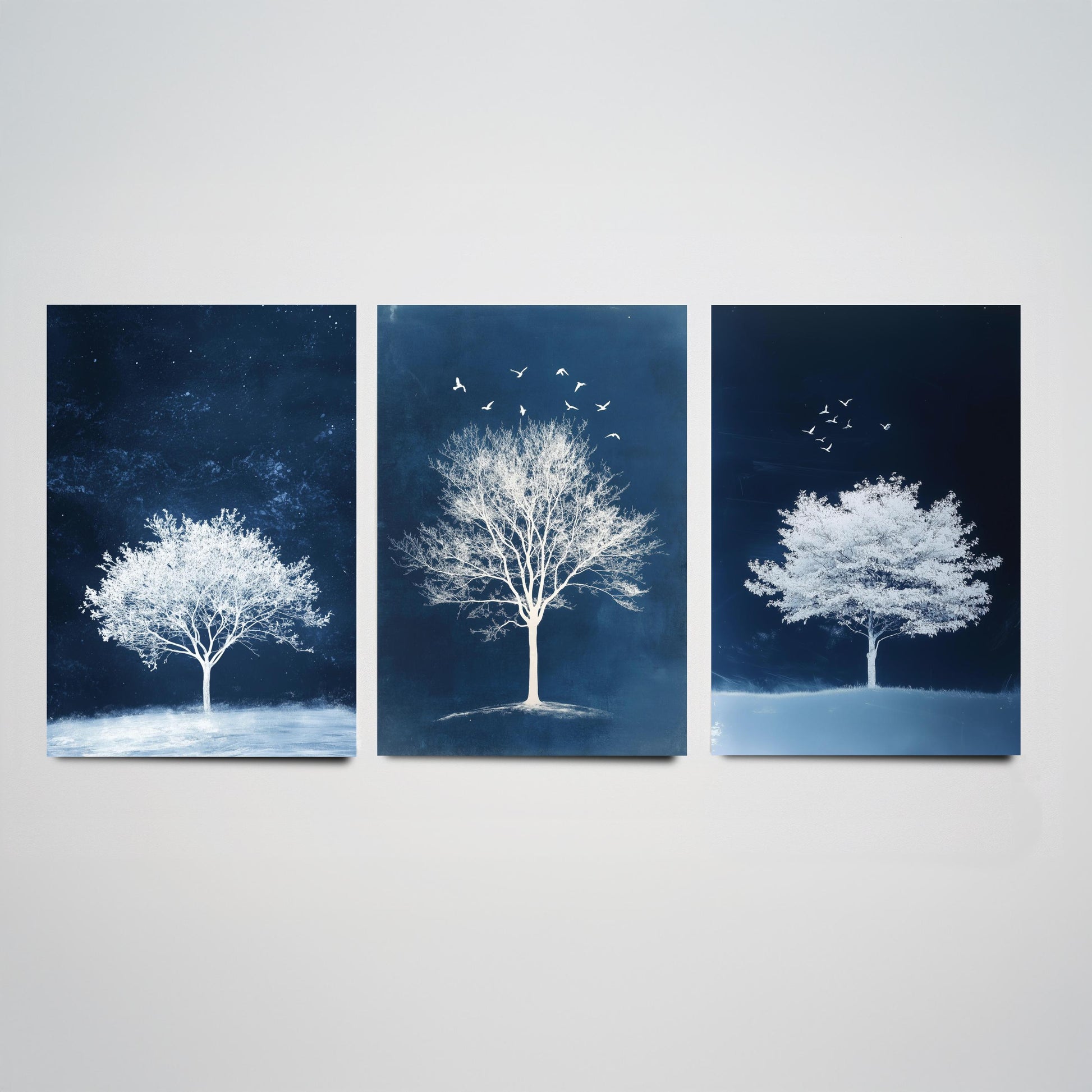 Set of Three Frosted Tree Art Prints - White Winter Trees Birds Blue Night Poster - Snowy Illustration Nature Gift V2