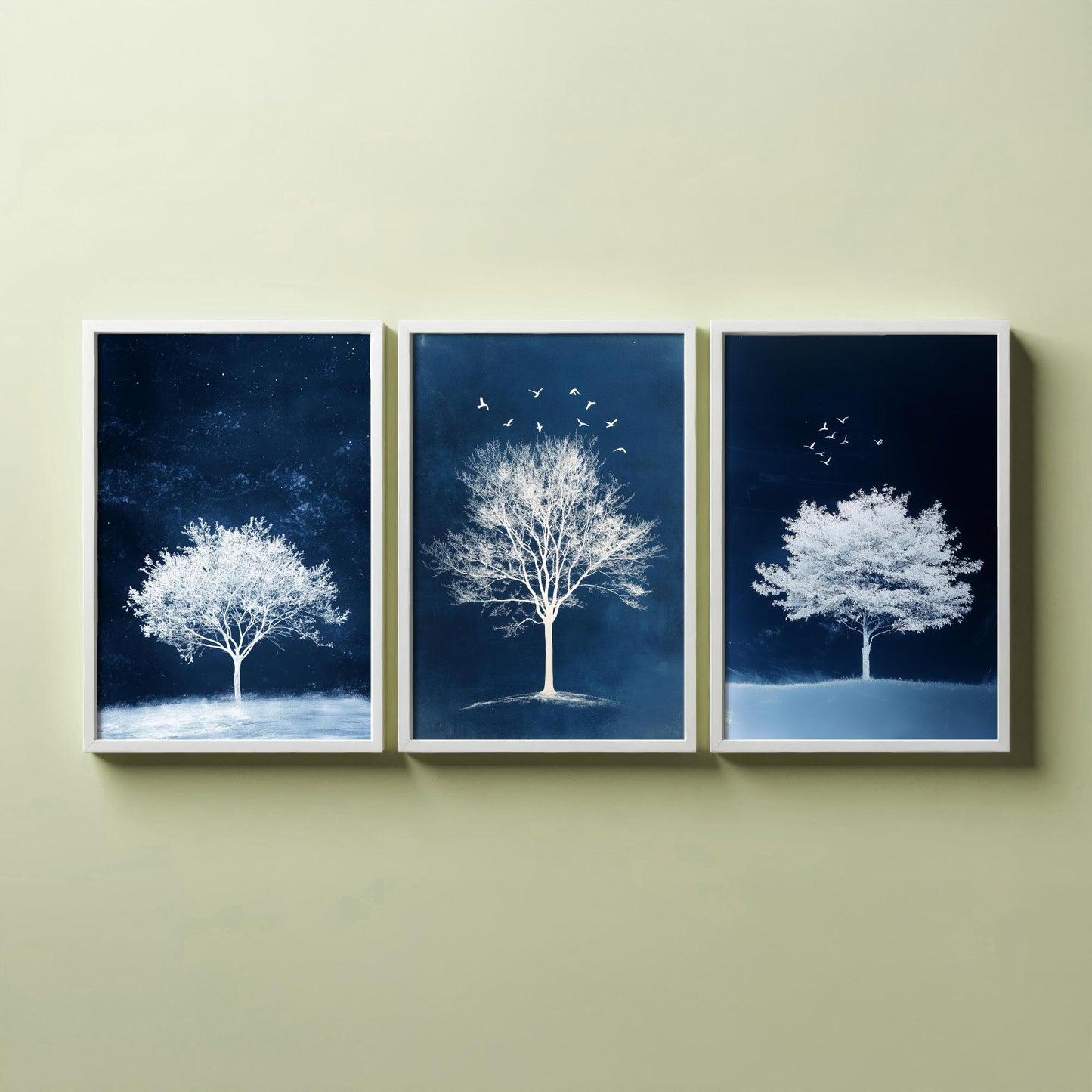Set of Three Frosted Tree Art Prints - White Winter Trees Birds Blue Night Poster - Snowy Illustration Nature Gift V2