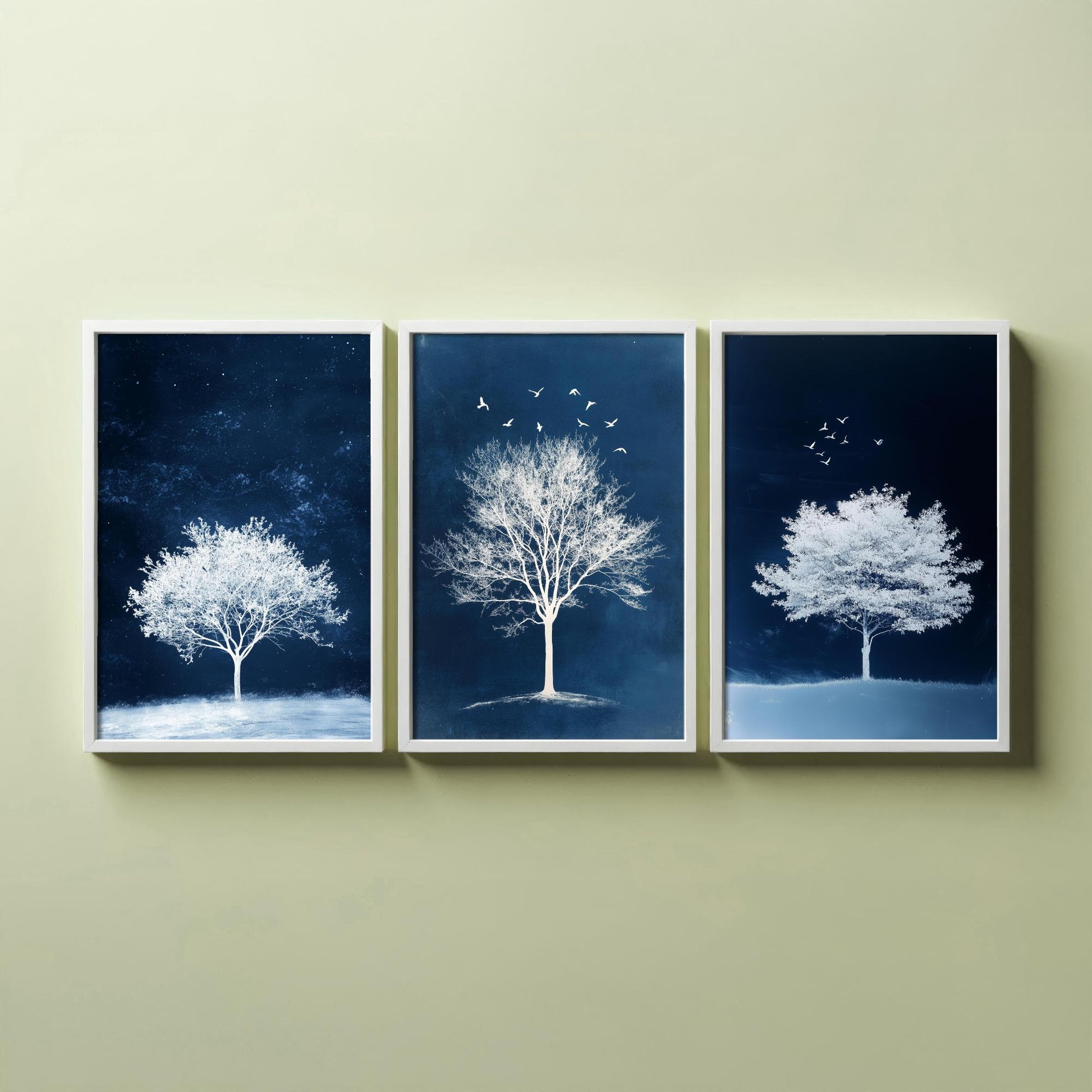 Set of Three Frosted Tree Art Prints - White Winter Trees Birds Blue Night Poster - Snowy Illustration Nature Gift V2