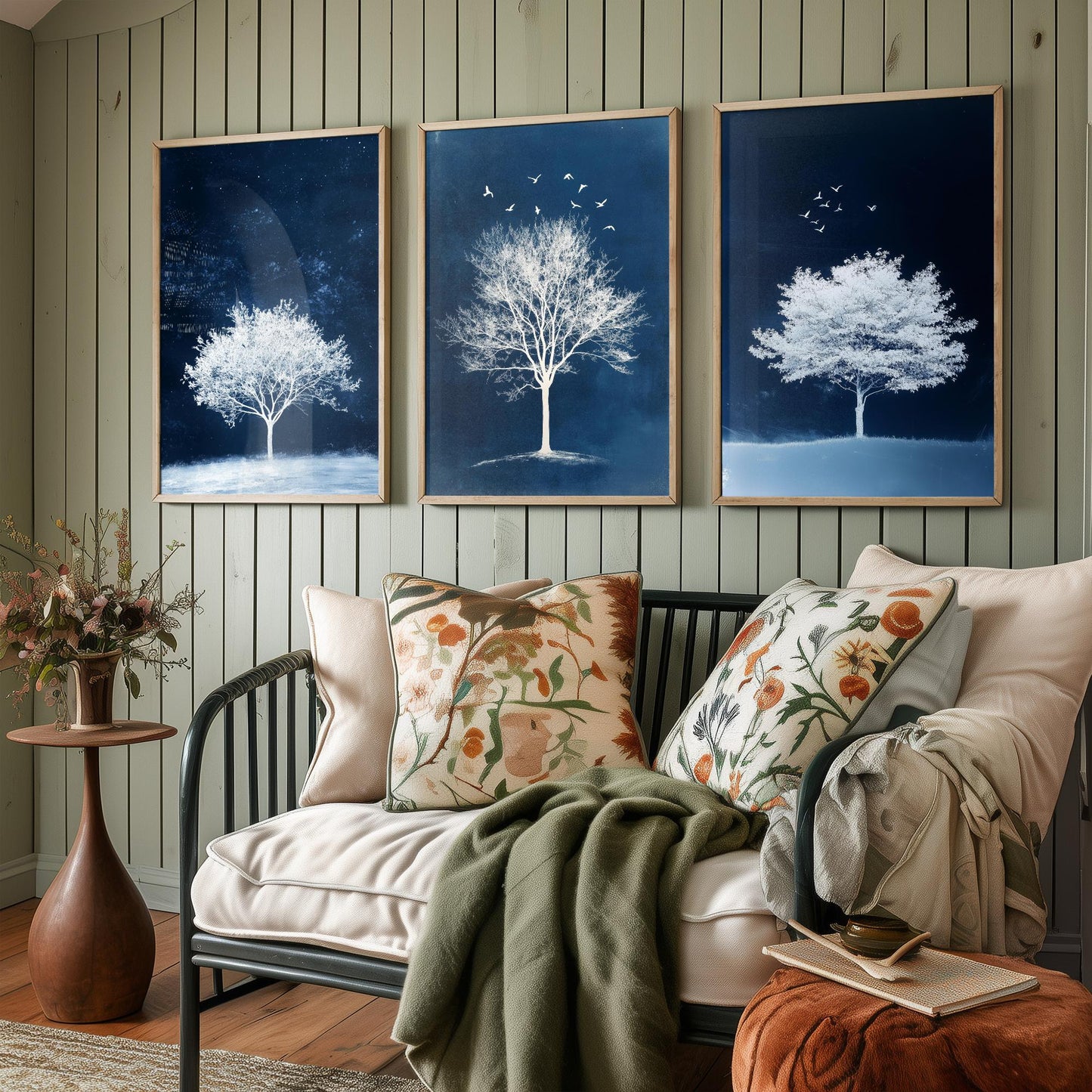 Set of Three Frosted Tree Art Prints - White Winter Trees Birds Blue Night Poster - Snowy Illustration Nature Gift V2