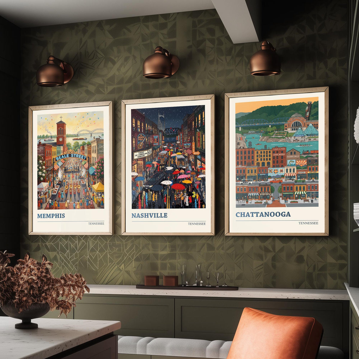 Tennessee Set of Three Art Prints - Memphis, Nashville, Chattanooga - 3 Colourful Folk Illustration Travel Posters - Tennessee Painting