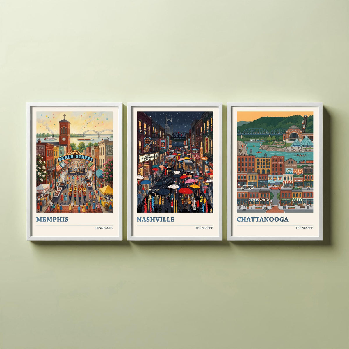 Tennessee Set of Three Art Prints - Memphis, Nashville, Chattanooga - 3 Colourful Folk Illustration Travel Posters - Tennessee Painting