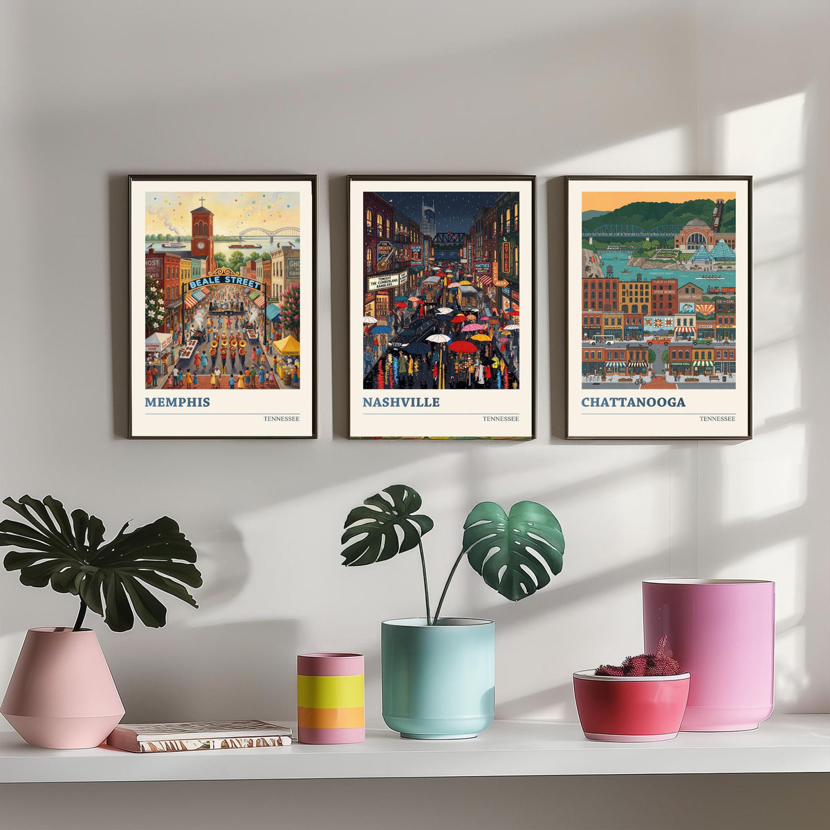 Tennessee Set of Three Art Prints - Memphis, Nashville, Chattanooga - 3 Colourful Folk Illustration Travel Posters - Tennessee Painting