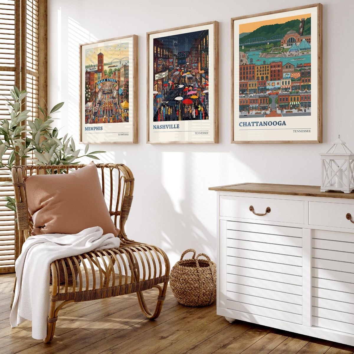 Tennessee Set of Three Art Prints - Memphis, Nashville, Chattanooga - 3 Colourful Folk Illustration Travel Posters - Tennessee Painting