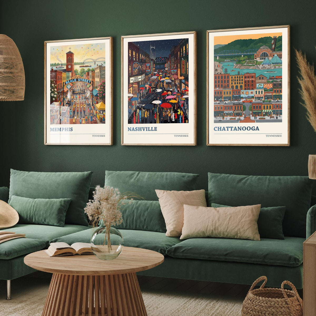 Tennessee Set of Three Art Prints - Memphis, Nashville, Chattanooga - 3 Colourful Folk Illustration Travel Posters - Tennessee Painting