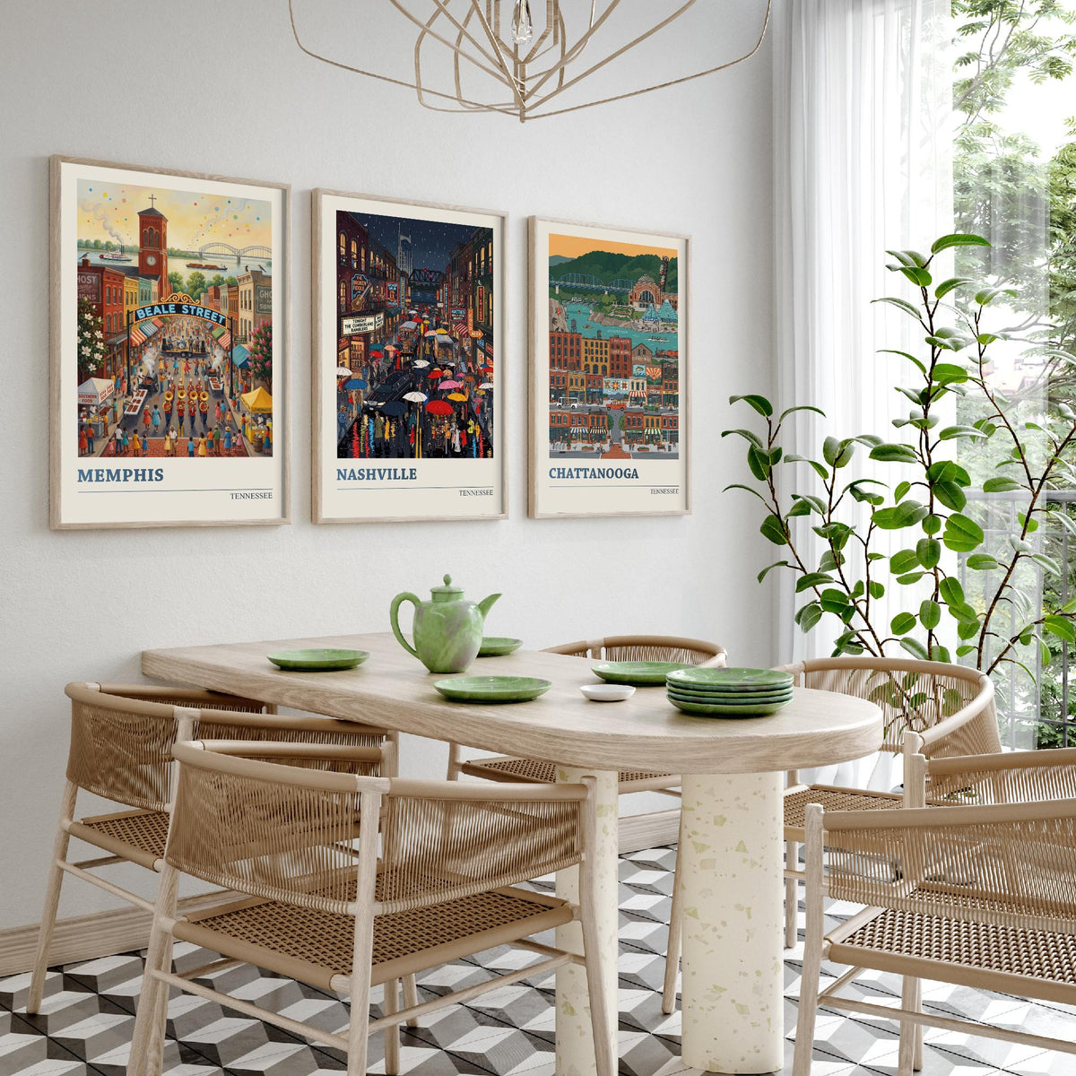 Tennessee Set of Three Art Prints - Memphis, Nashville, Chattanooga - 3 Colourful Folk Illustration Travel Posters - Tennessee Painting