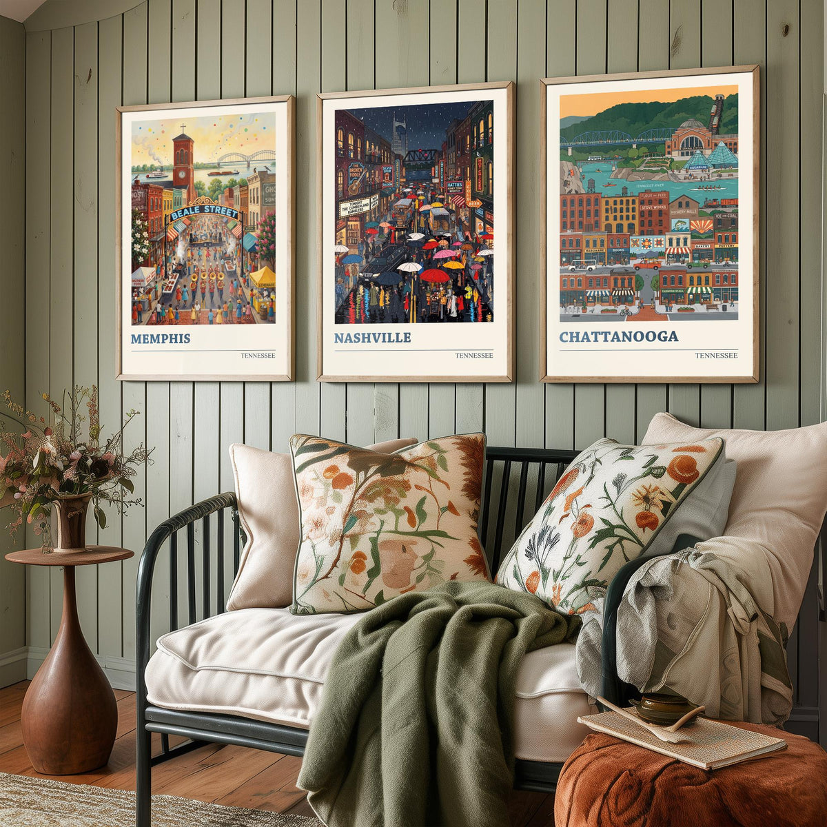 Tennessee Set of Three Art Prints - Memphis, Nashville, Chattanooga - 3 Colourful Folk Illustration Travel Posters - Tennessee Painting