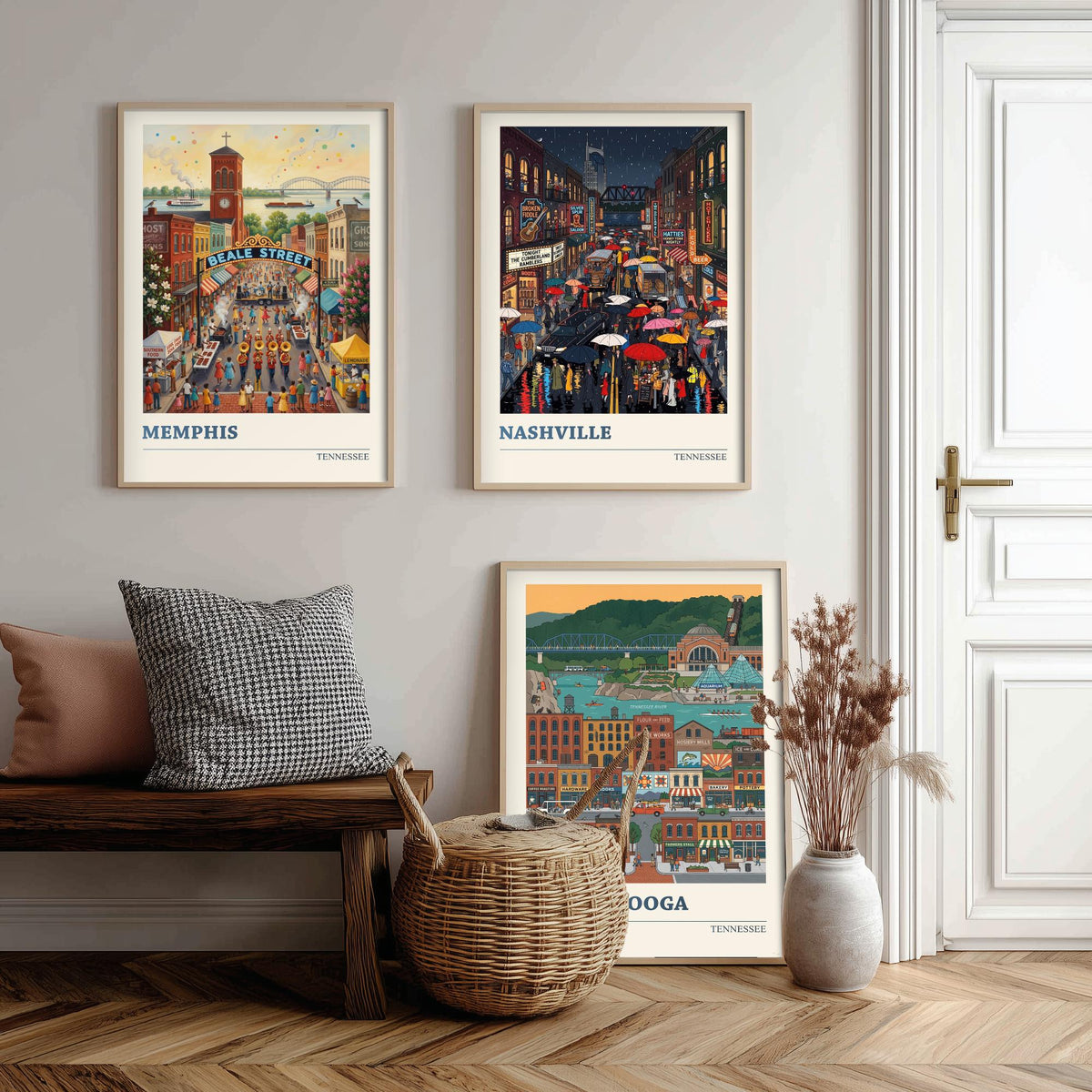 Tennessee Set of Three Art Prints - Memphis, Nashville, Chattanooga - 3 Colourful Folk Illustration Travel Posters - Tennessee Painting
