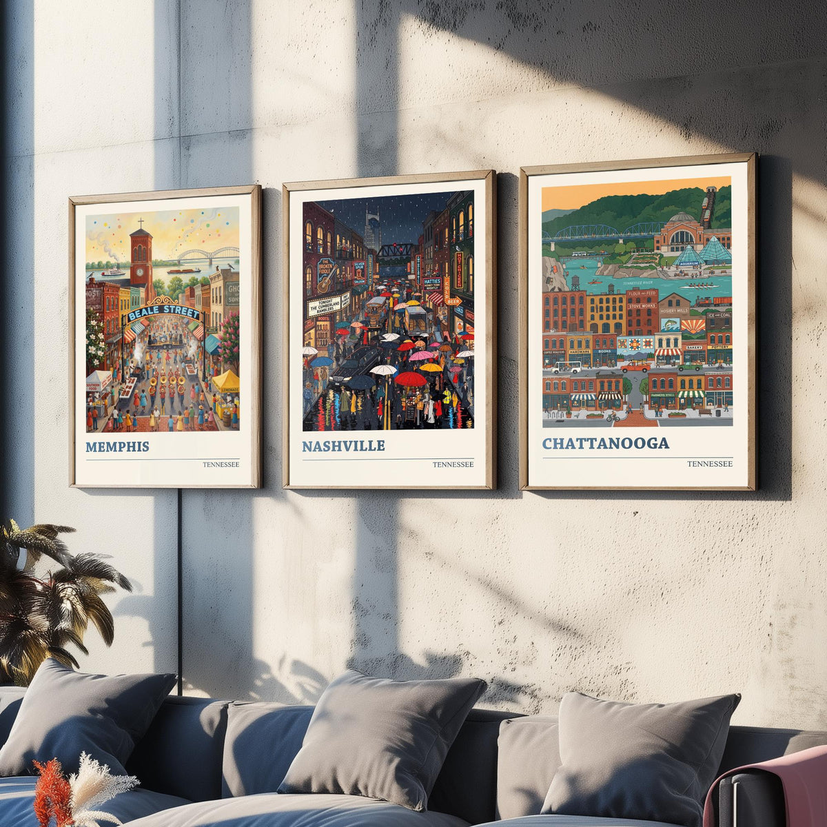 Tennessee Set of Three Art Prints - Memphis, Nashville, Chattanooga - 3 Colourful Folk Illustration Travel Posters - Tennessee Painting