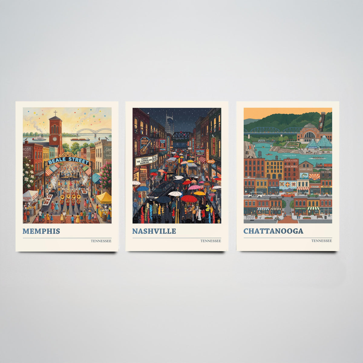 Tennessee Set of Three Art Prints - Memphis, Nashville, Chattanooga - 3 Colourful Folk Illustration Travel Posters - Tennessee Painting