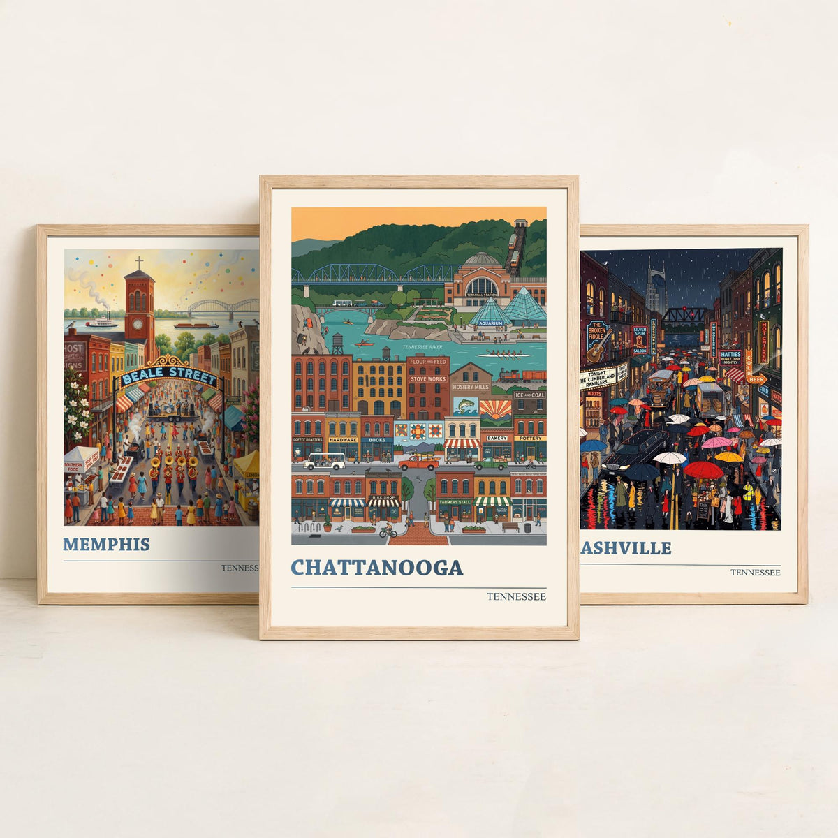 Tennessee Set of Three Art Prints - Memphis, Nashville, Chattanooga - 3 Colourful Folk Illustration Travel Posters - Tennessee Painting