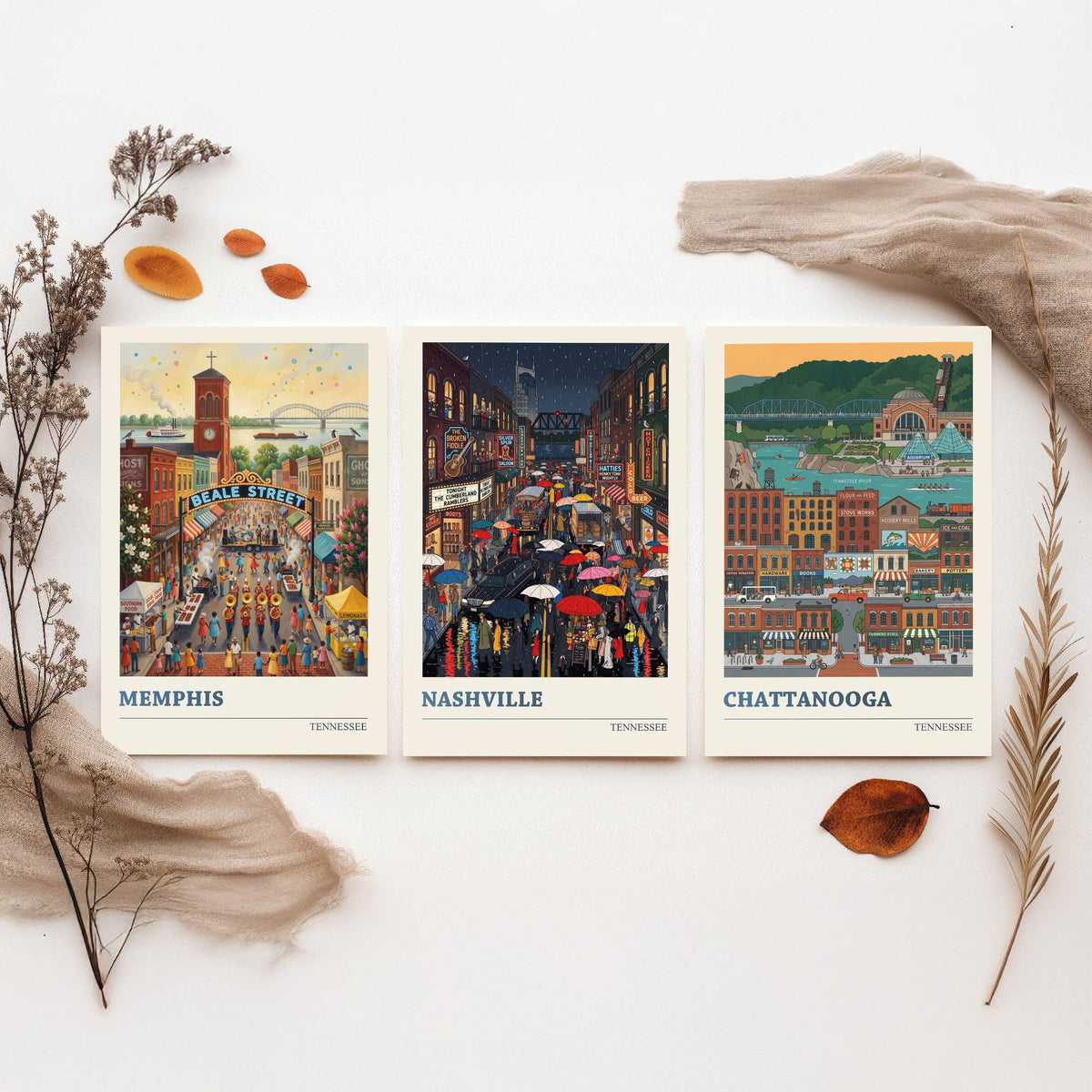 Tennessee Set of Three Art Prints - Memphis, Nashville, Chattanooga - 3 Colourful Folk Illustration Travel Posters - Tennessee Painting