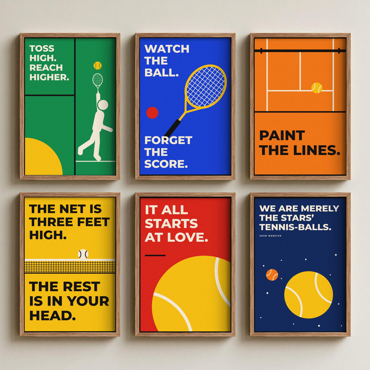 Set of Six Tennis Quote Art Prints - 6 Bauhaus Tennis Player Posters - Minimalist Sport Illustration - Racket, Court, Ball