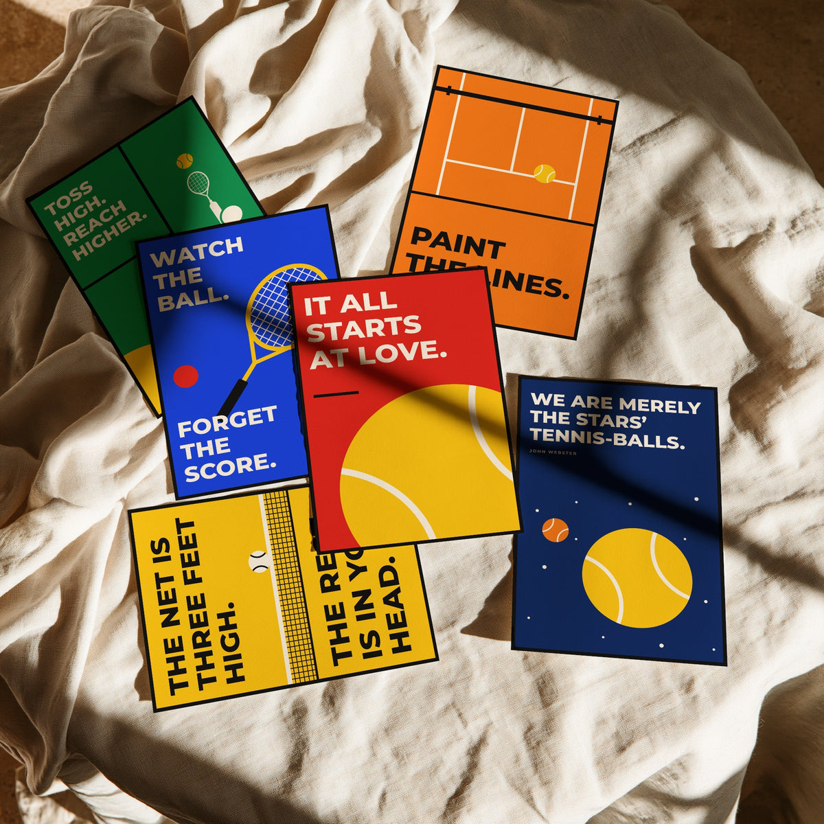 Set of Six Tennis Quote Art Prints - 6 Bauhaus Tennis Player Posters - Minimalist Sport Illustration - Racket, Court, Ball